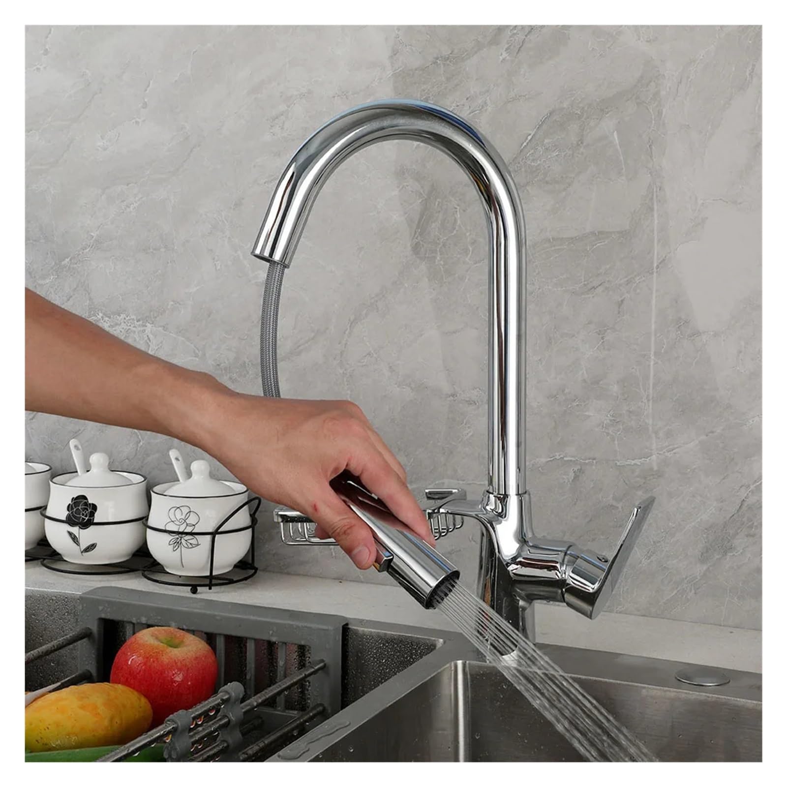 Robinet de cuisine à tirette mitigeur évier moderne col de cygne gris