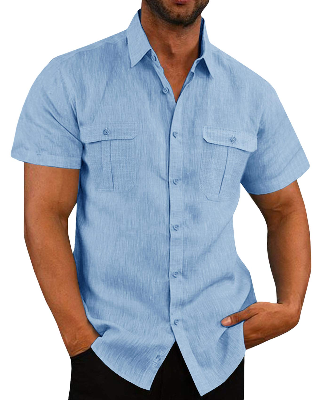 Leinenhemd Herren Kurzarm Sommerhemd Männer Freizeithemd Business Shirt Strandhemd mit Taschen