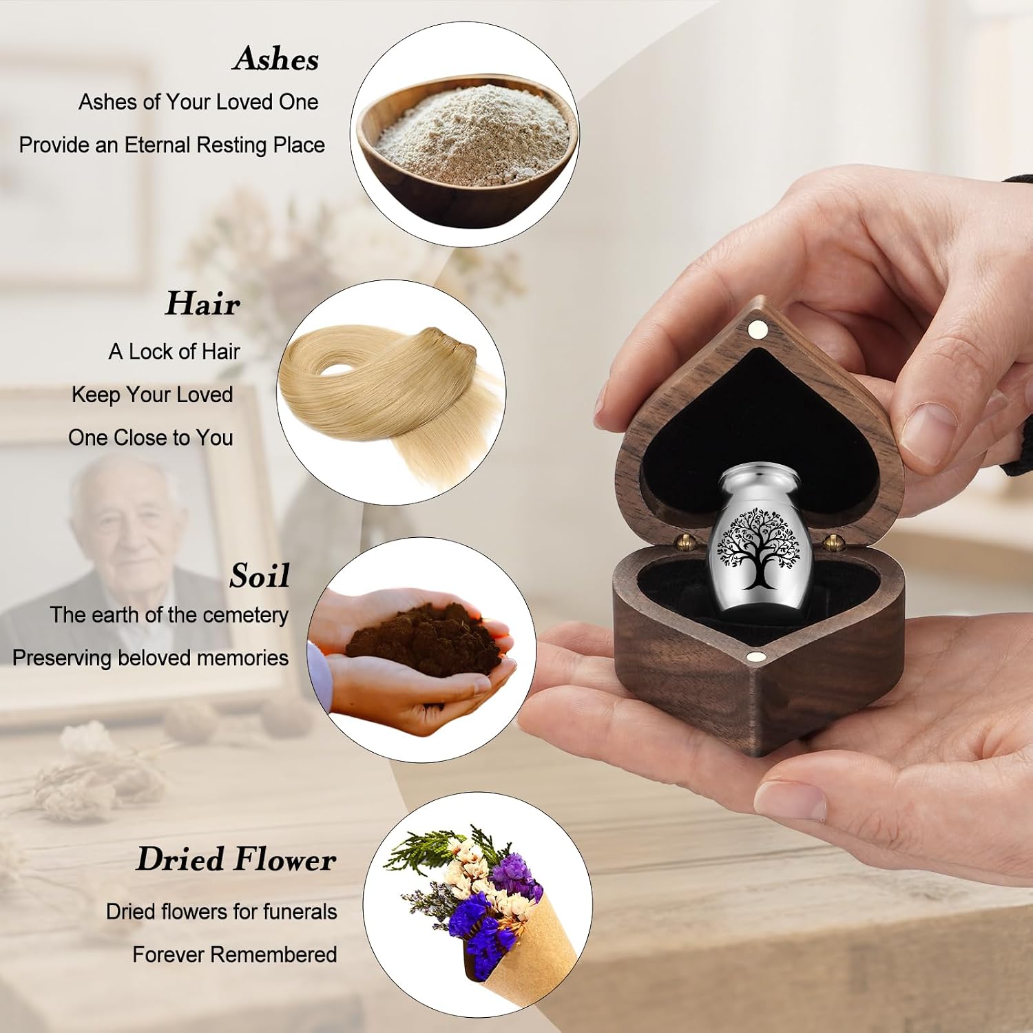 Dletay Small Urn for Human Ashes Memorial Mini Cremation Urns for Men Women with Heart Shaped Wooden Keepsake Box Tree of Life Decorative Ashes Keepsake 1.18 Inches