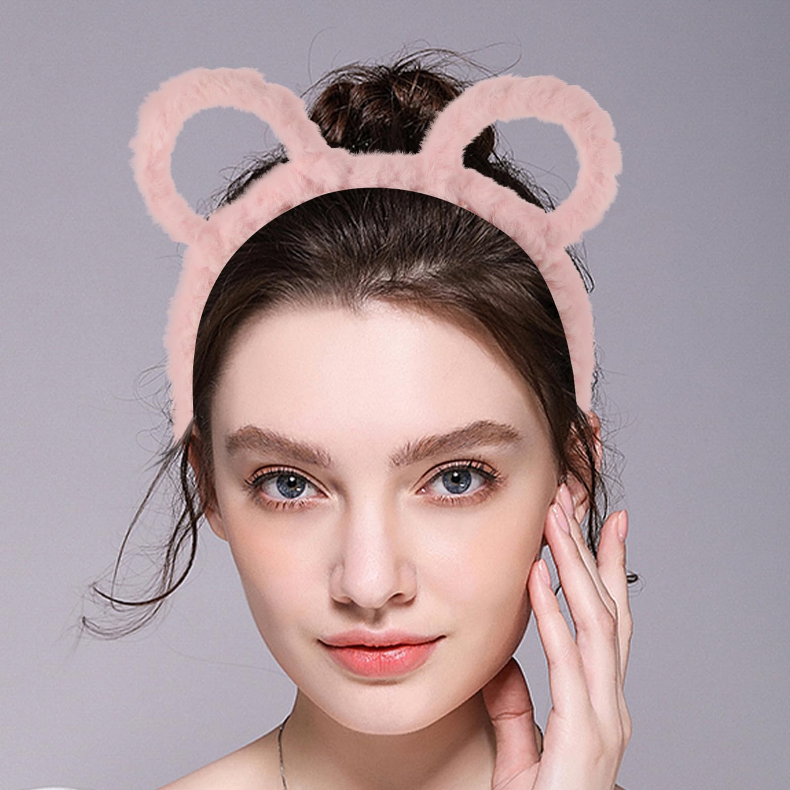 AOKWAWALIY Bear Ears Headband Animal Ears Headband Fluffy Bear Hairband Head Wear for Makeup Washing Face Party Cosplay Dress up Costume Pink - Image 2