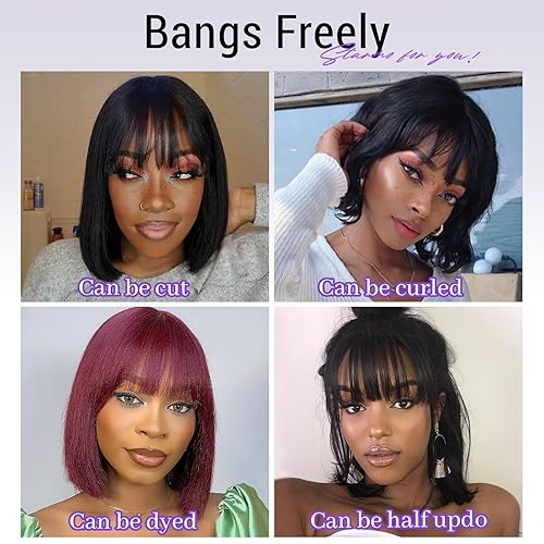 Miniatura 4 de Starmo Peluca Bob con flequillo, pelucas de cabello humano sin pegamento, pelucas rectas en capas con flequillo, pelucas de encaje transparente de 4