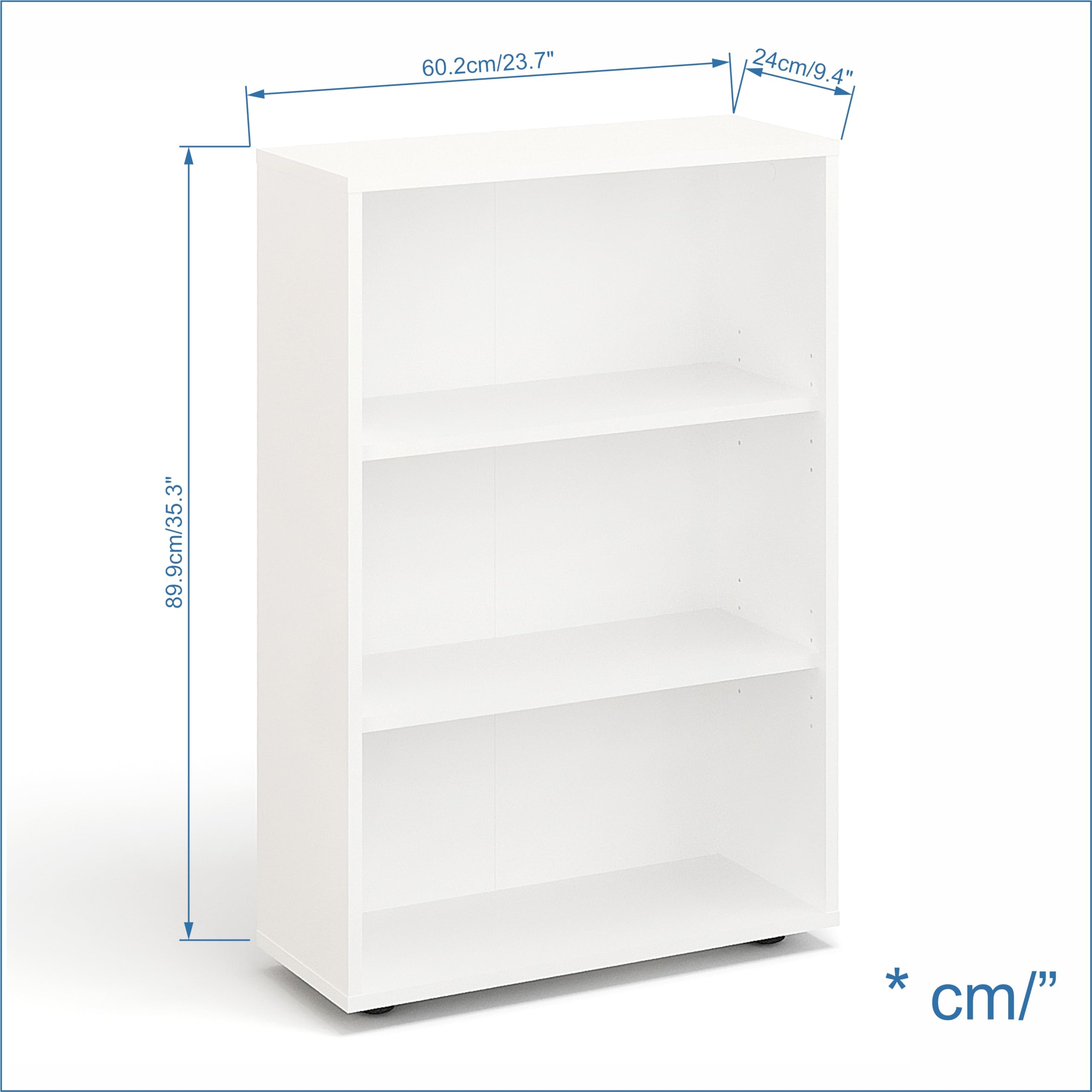 KOMTO Regal 60 cm breit Weiß - Bücherregal mit 3 Ebenen und Höhenverstellbare Regale, Standregal, Aufbewahrungsregal | Bookshelf Lumo 60 x 90 x 24 cm (BxHxT)
