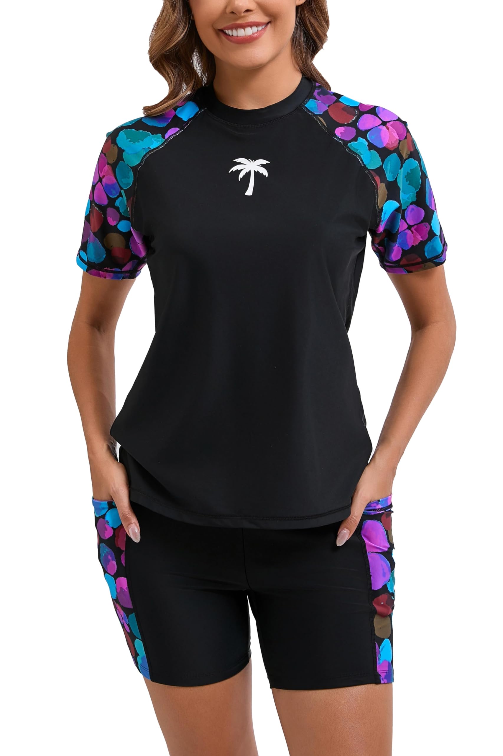 Halcurt Womens Two Piece Rash Guard Swim Shirts Built in Bra Swimsuit with Boyshorts with Pockets