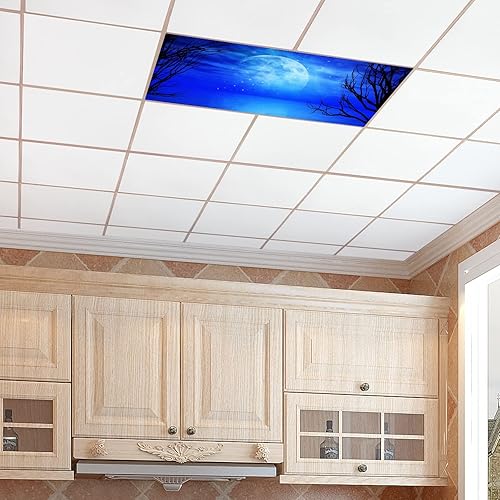 Miniatura 7 de Cubiertas de luz fluorescente de 2 x 4 pies, con filtro de luz azul para agua, diseño de rama de árbol nocturno, luna, fácil instalación para