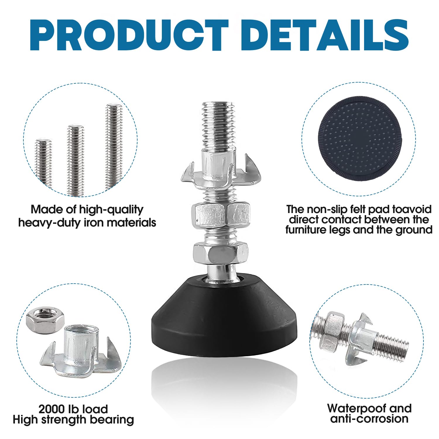 SHUIOG 4 pieces adjusting foot M12 x 100 mm adjustment screw, furniture foot can be carried, adjustable feet adjustment screw adjusting foot maximum