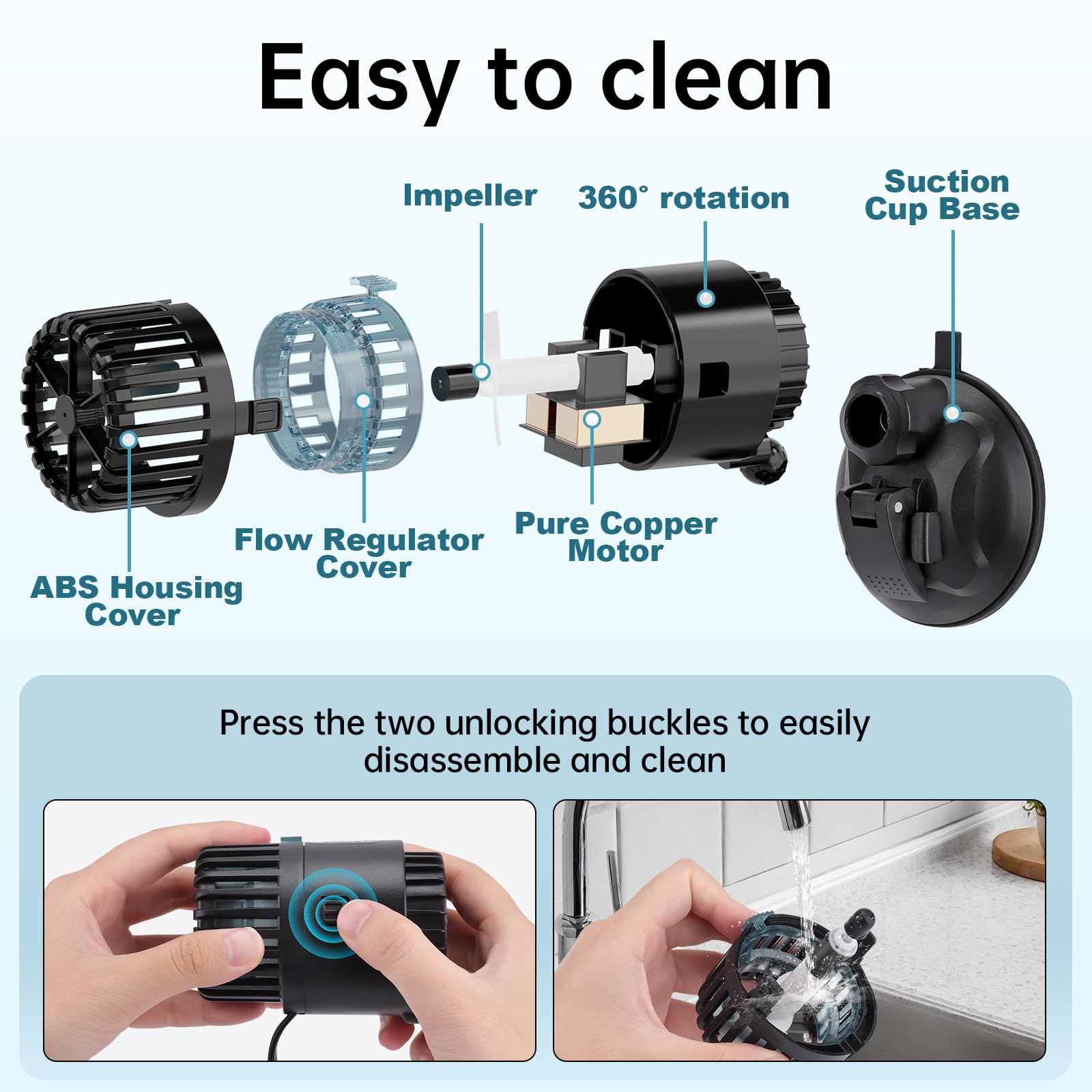 AQQA Aquarium Strömungspumpe Wavemaker,5W Aquarium Umwälzpumpe Wellenpumpe mit 360°verstellbarer PowerHead,Wellenmacher für Aquarien mit mit starkem Saugplatte,für 75-280L Aquarien