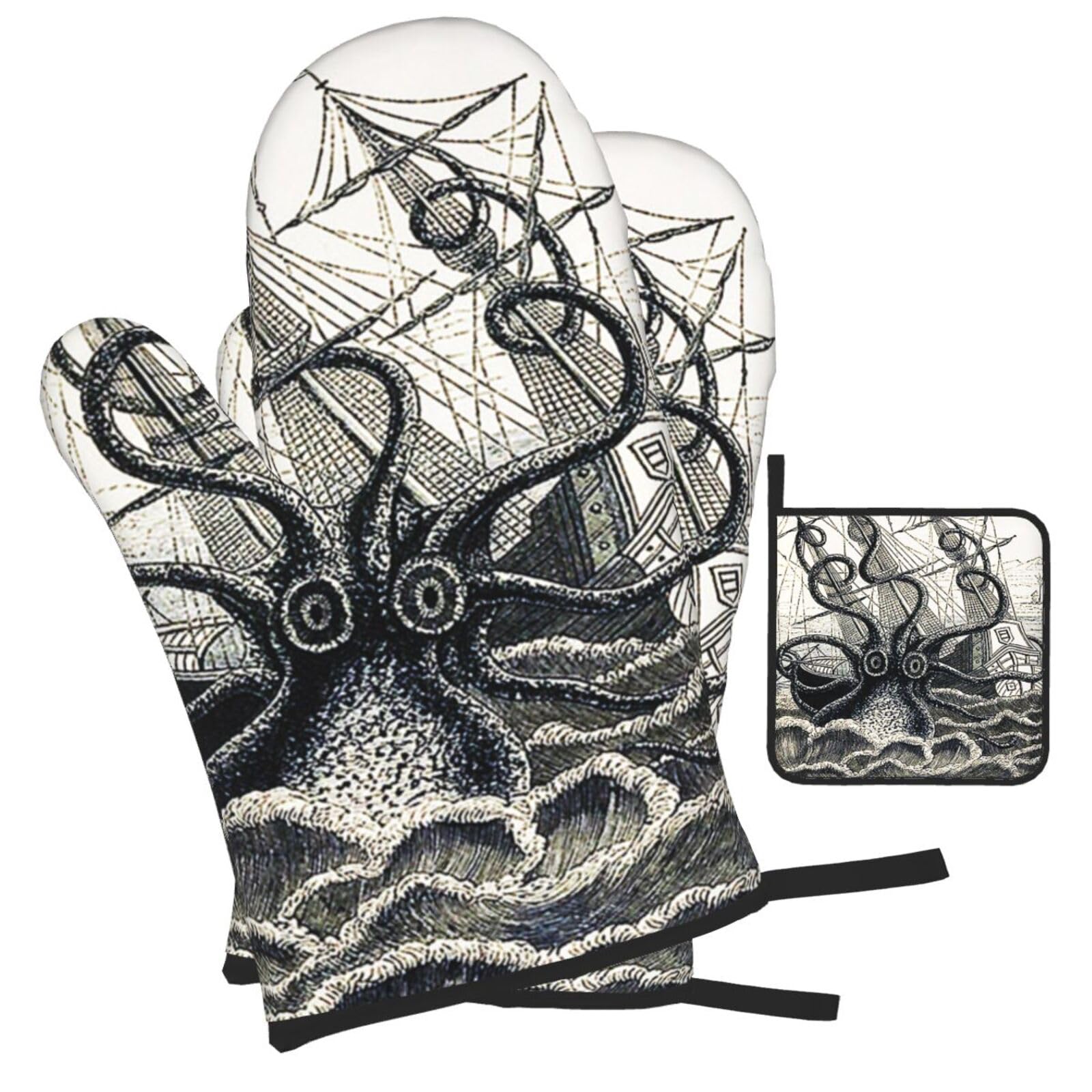 Sailing Pirate Octopus Printed Oven Mitts and Pot Holders Heat Resistant Set of 3 Pcs, Modern Kitchen Gloves & Potholders for Cooking Baking Grilling