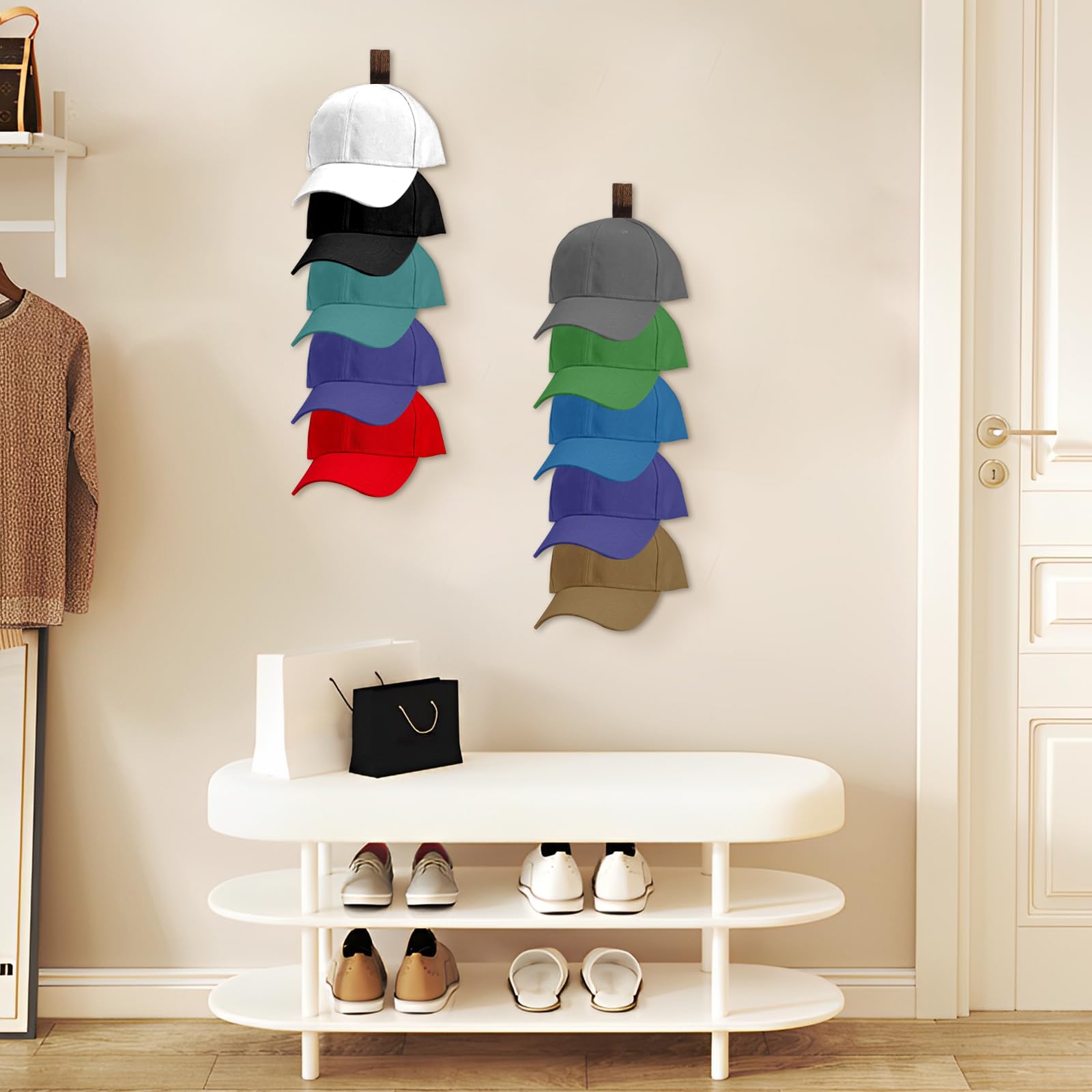 Porte-Chapeau Mural En Bois – Organisateur Casquettes Baseball 5 Crochets, Rangement Élégant Chambre & Entrée