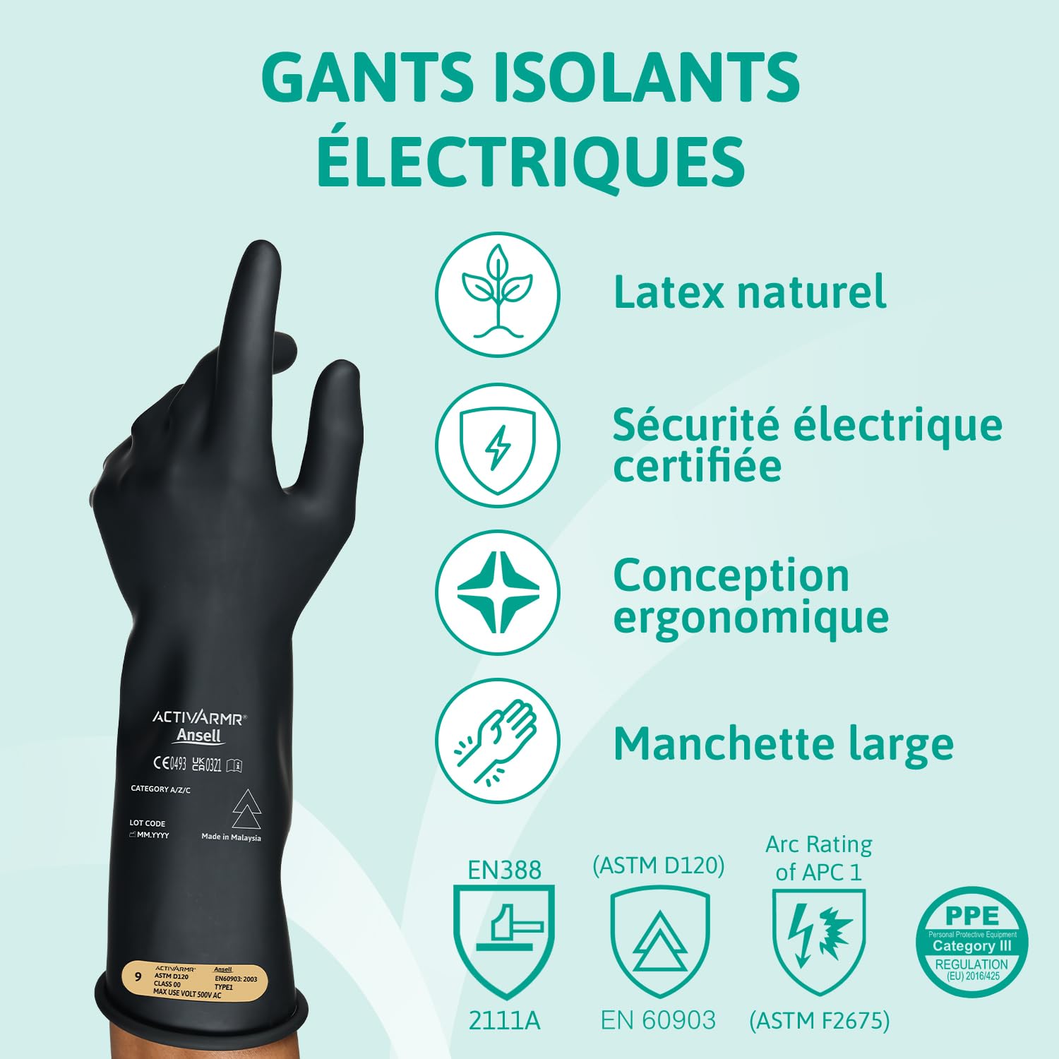 Ansell ActivArmr Gants Electricien, Protection Électrique Classe 00 (Tension 500V), Gants Isolants en Latex de Caoutchouc Naturel, EPI Professionel, 36cm, Noir, Taille XL (1 Paire)