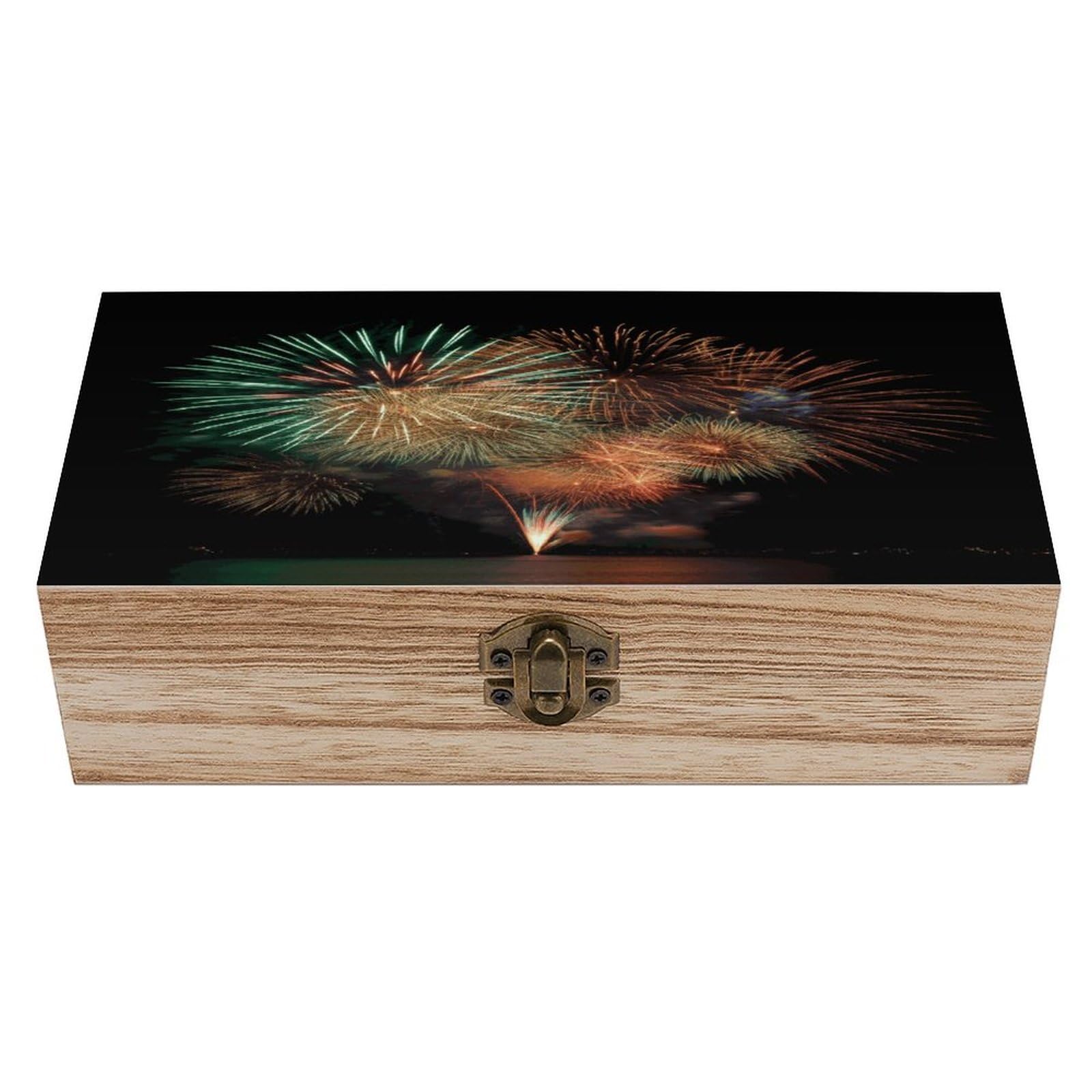 FekiLoot Fireworks Wooden Storage Box Rustic Jewelry Box with Hinged Lid Large Jewelry Storage Case Beautifully Keepsake Boxes Unique Gift Ideas for Men & Women