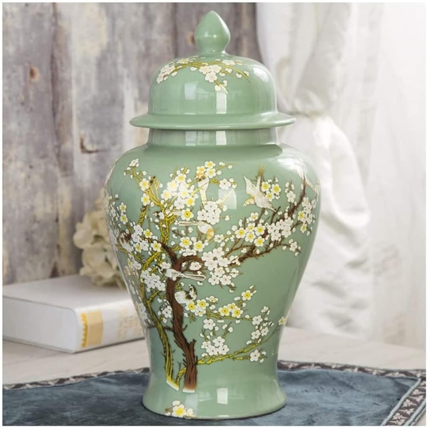 Ceramiczny zielony wazon na imbir w kształcie kwiatu śliwki do dekoracji domu, ceramiczny wazon na imbir w stylu chinoiserie z pokrywką (zielony mały)
