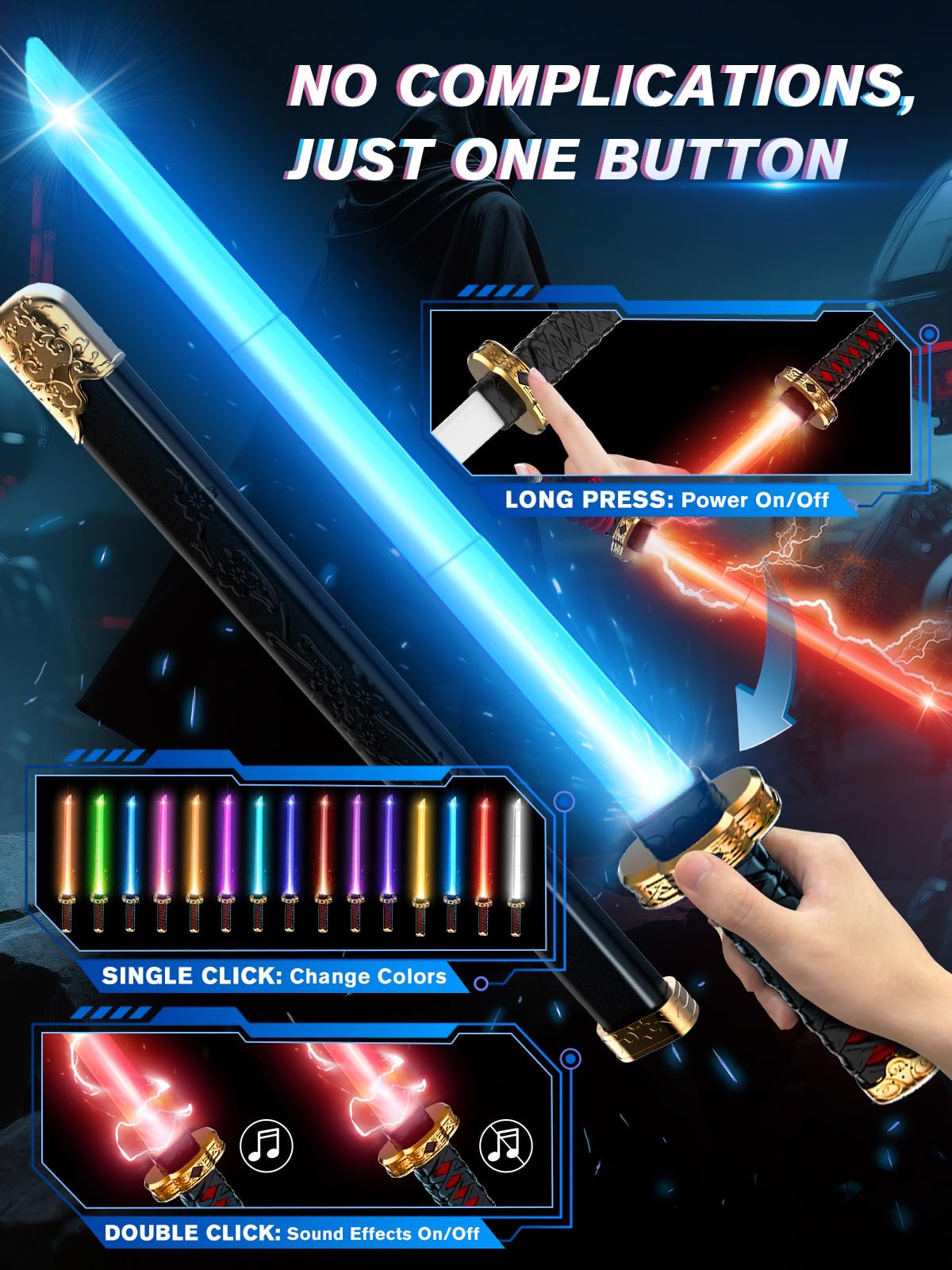 VATOS 2 Sabres Laser Ninja pour Enfants, LED Ninja Sword RGB 15 Couleurs avec étui et Effets Sonores de Combat, Jouets Sabres Laser Rechargeables par USB pour Cosplay, Noël, Halloween et Fans d'anime