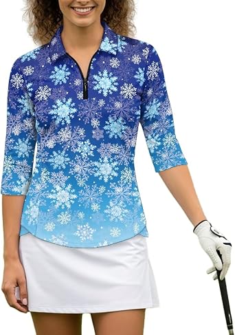 Womens Golf Polo Shirts 3/4 Sleeve Collared V Neck Tennis Shirt Summer Quick Dry Moisture Wicking 1/4 Zip Golf Top