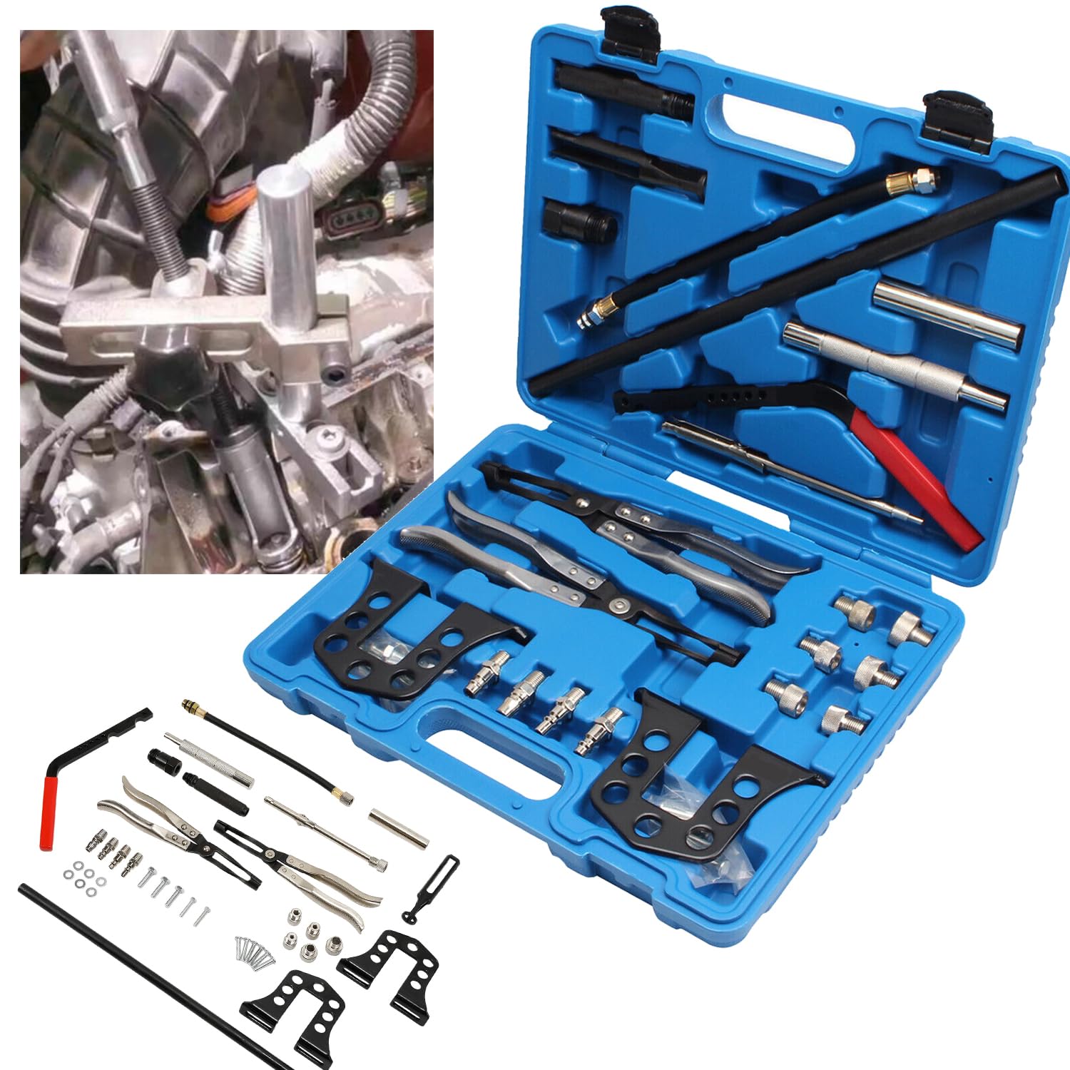 GEARMONSTER 39tlg Universal Druckluft Ventilfederspanner für 8/16/24 Ventile – Ventilschaftdichtungs-Montagewerkzeug mit Zange