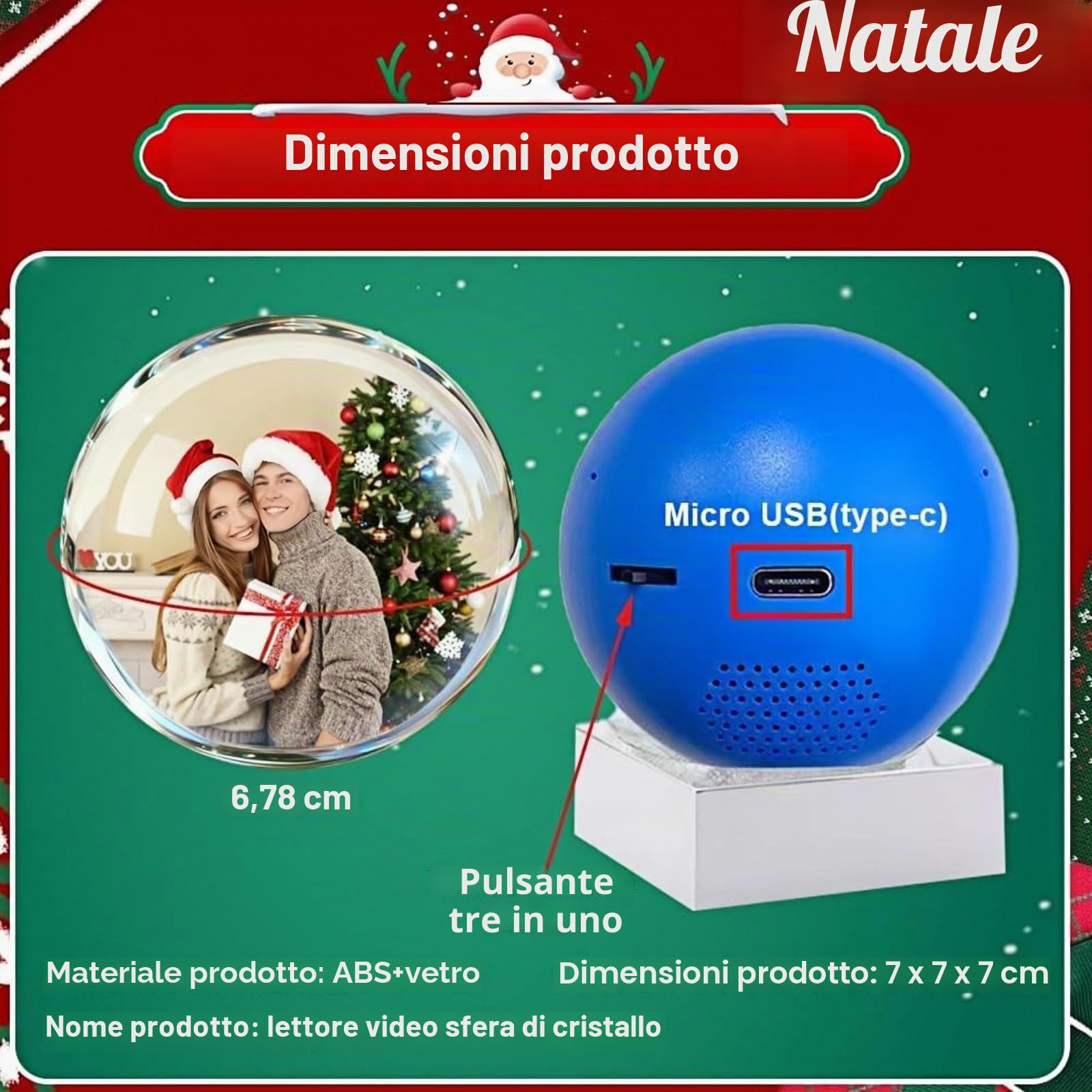 Sfera di Natale con Video, Palla di Natale Christmas Memory Orb Sfera Video Ornamento 3D Palla Memoria Caricabile Video, 7 cm (Giallo, USB)