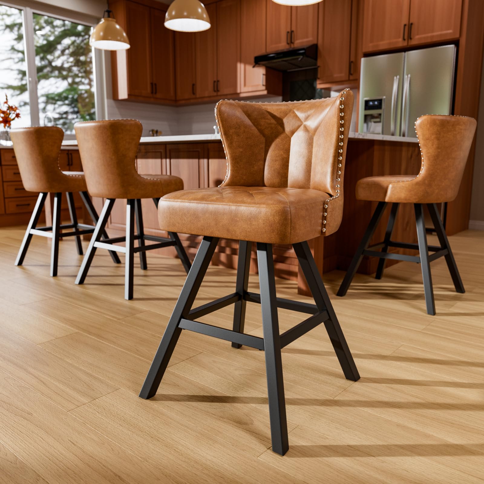 Ollega Bar Stools Set of 4, 26" Counter Height Bar Stools with Backs and Metal Frame, Leather Swivel Barstools, Counter Stools for Kitchen Island,