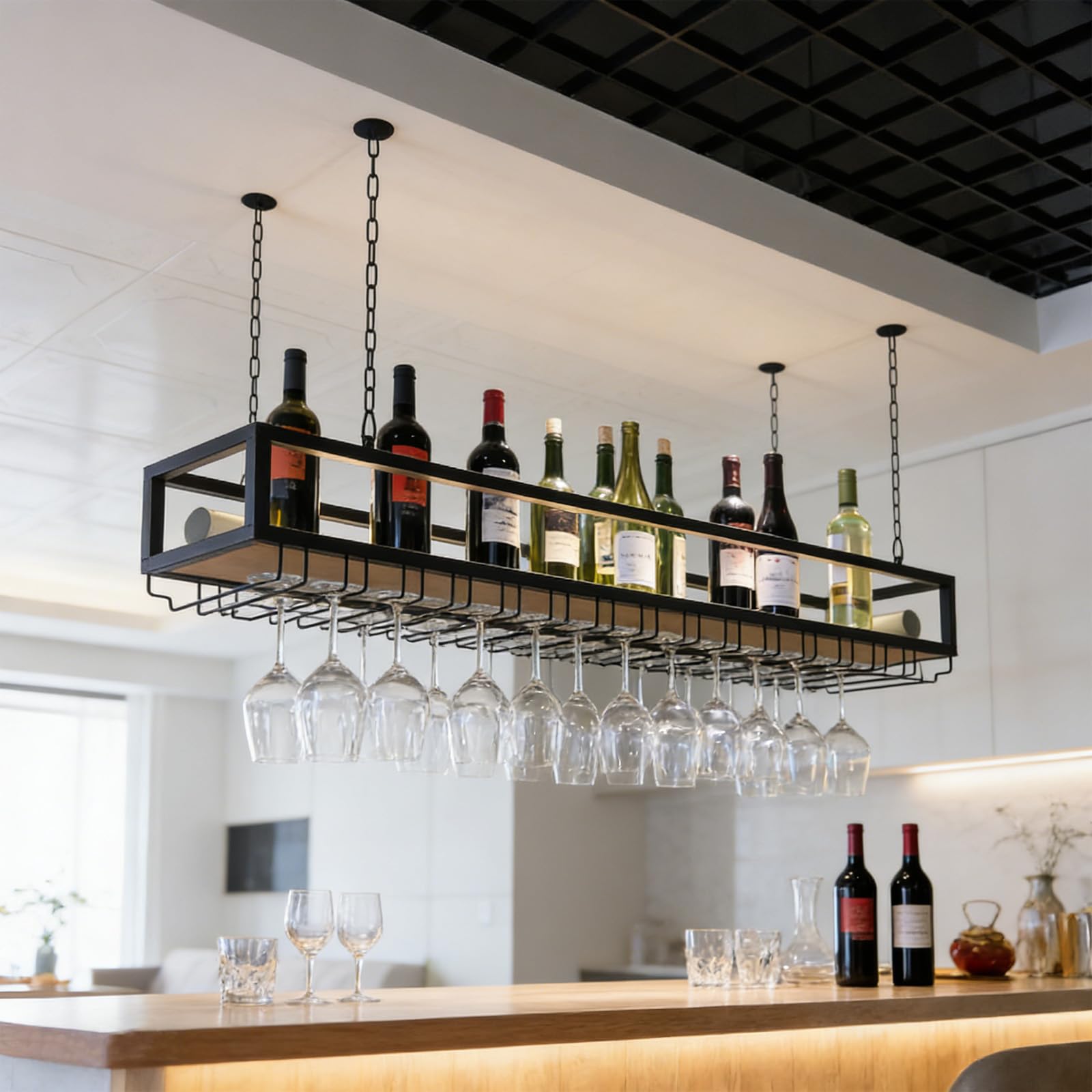 Portabottiglie da Soffitto, Mensola da Soffitto Porta Bicchiere da vino Sospeso, Portabottiglie da Appendere Industriale Regolabile in Altezza per Cucina Bar Caffetteria (80cm)