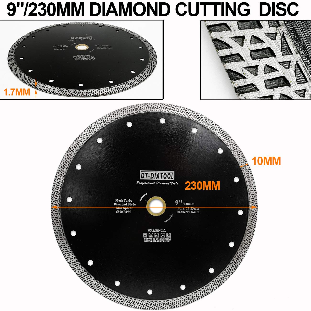DT-DIATOOL Disco Tronzador Diamante 230 mm x 22,23 mm/16 mm Hoja de Sierra con Malla Turbo para Corte de Porcelanico Azulejos Mármol Granito Cerámica