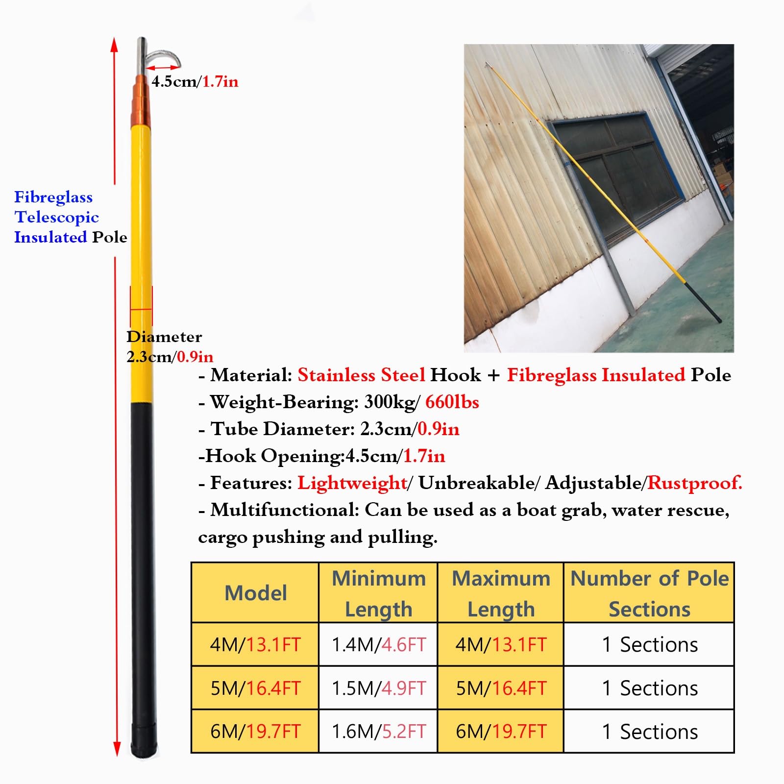 MLYAYE New Versatile Boat Hook for Docking with Telescoping Extension Pole, Pickup Truck Bed Cargo Retrieval Hooks & Stainless Steel Rescuing Gripping Tool - 13' 16 20 Foot Long(4M/13.1FT)