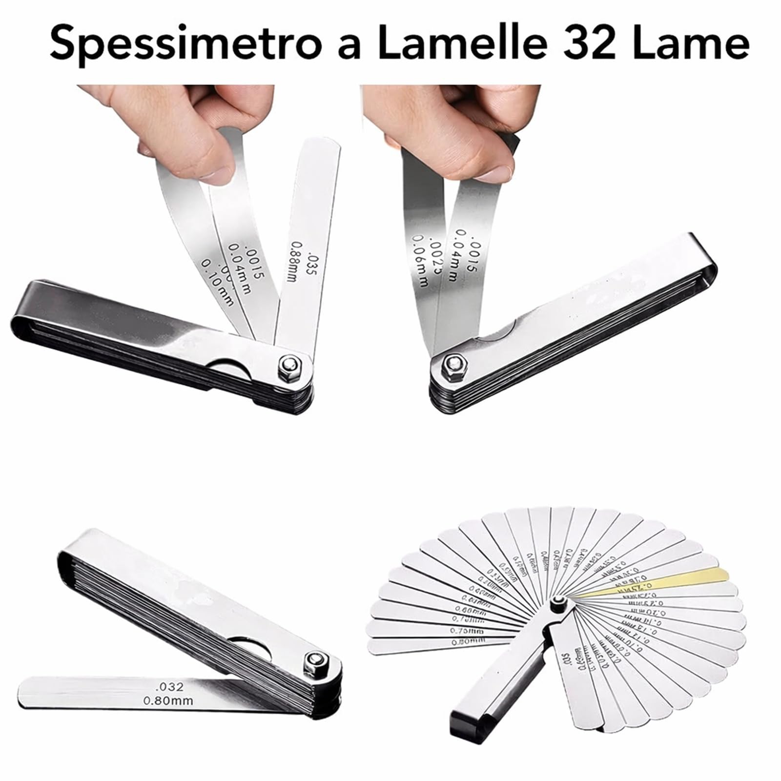 Spessimetro a Lamelle 32 Lame in Acciaio Inossidabile 0,04-0,88 mm Misure Metriche e Imperiali per Valvole Candele Guarnizioni
