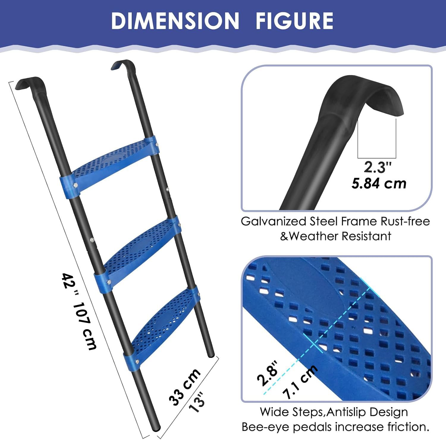 Trampolin Leiter, 107 cm lang, 3-stufige Trampolinleiter, Trampolin zubehör, flexibel montierbar UV-beständig rutschfeste Sicherheitsleiter (3 Stufen, Blau)