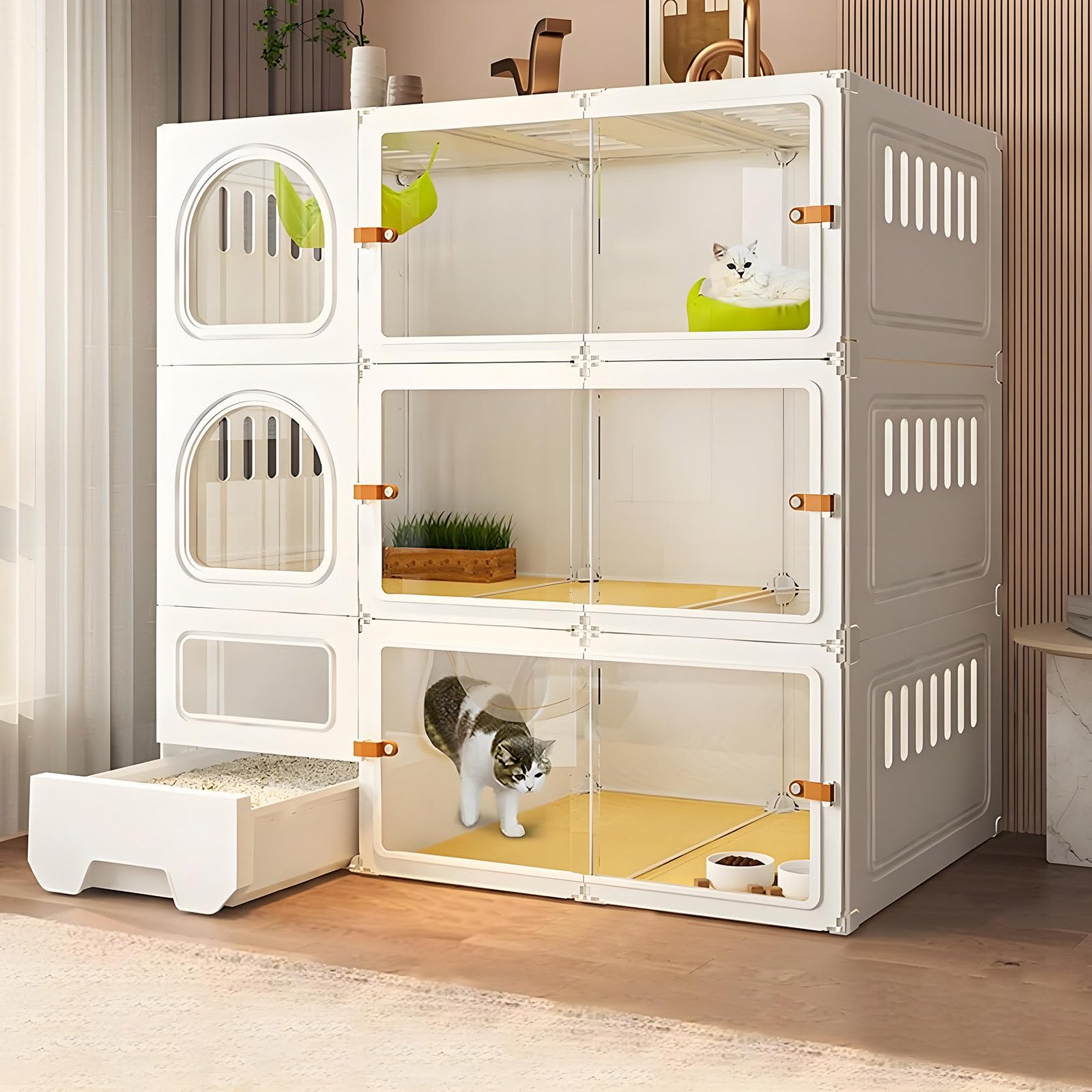 Jaulas Grandes Para Gatos De 3 Niveles Para Interiores Con Caja De Arena Condominio Cerrado Multifunción Armario For Gatos, Para Interiores Y Exteriores, White-106 * 46 * 106