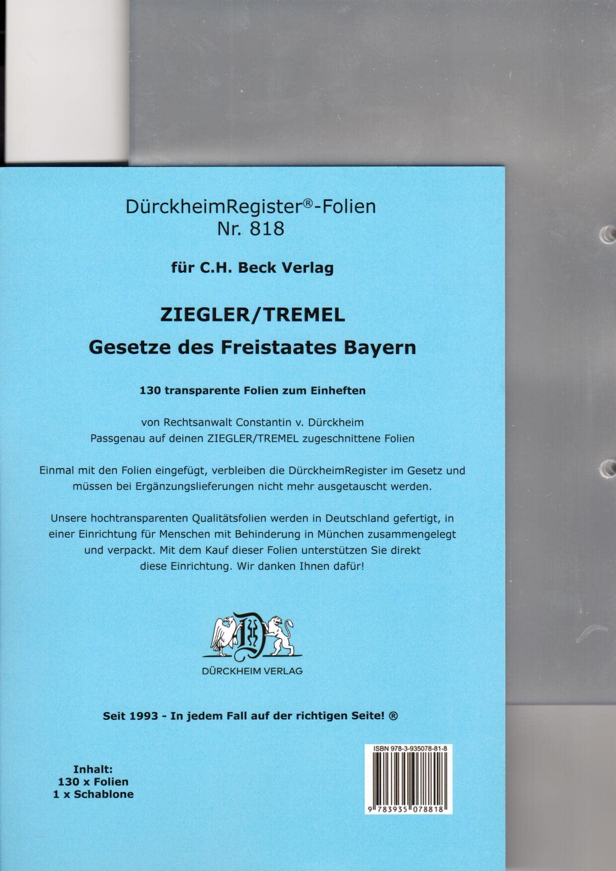 DürckheimRegister-FOLIEN Nr. 818 für den Ziegler/Tremel: 130 transparente FOLIEN für den ZIEGLER TREMEL: 130 transparente FOLIEN für SCHÖNFELDER, ... H. Beck zum Einheften der DürckheimRegister