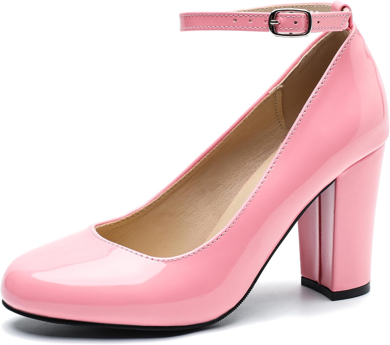 Women's Block High Heel Pumps with Ankle Strap, Round Toe, Classic Style