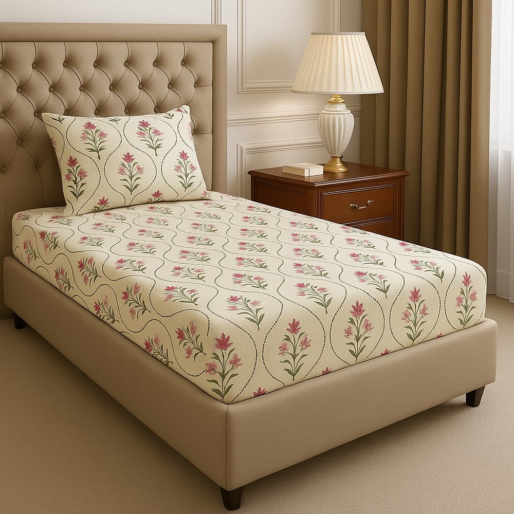 BSB HOME Premium Cotton Elastic Fitted Bedsheets with 1 Pillow Covers |Floral Printed Single Bed Elastic 220 TC Supersoft Breathable & Wrinklefree | for 72x36+6 Inches, White and Pink