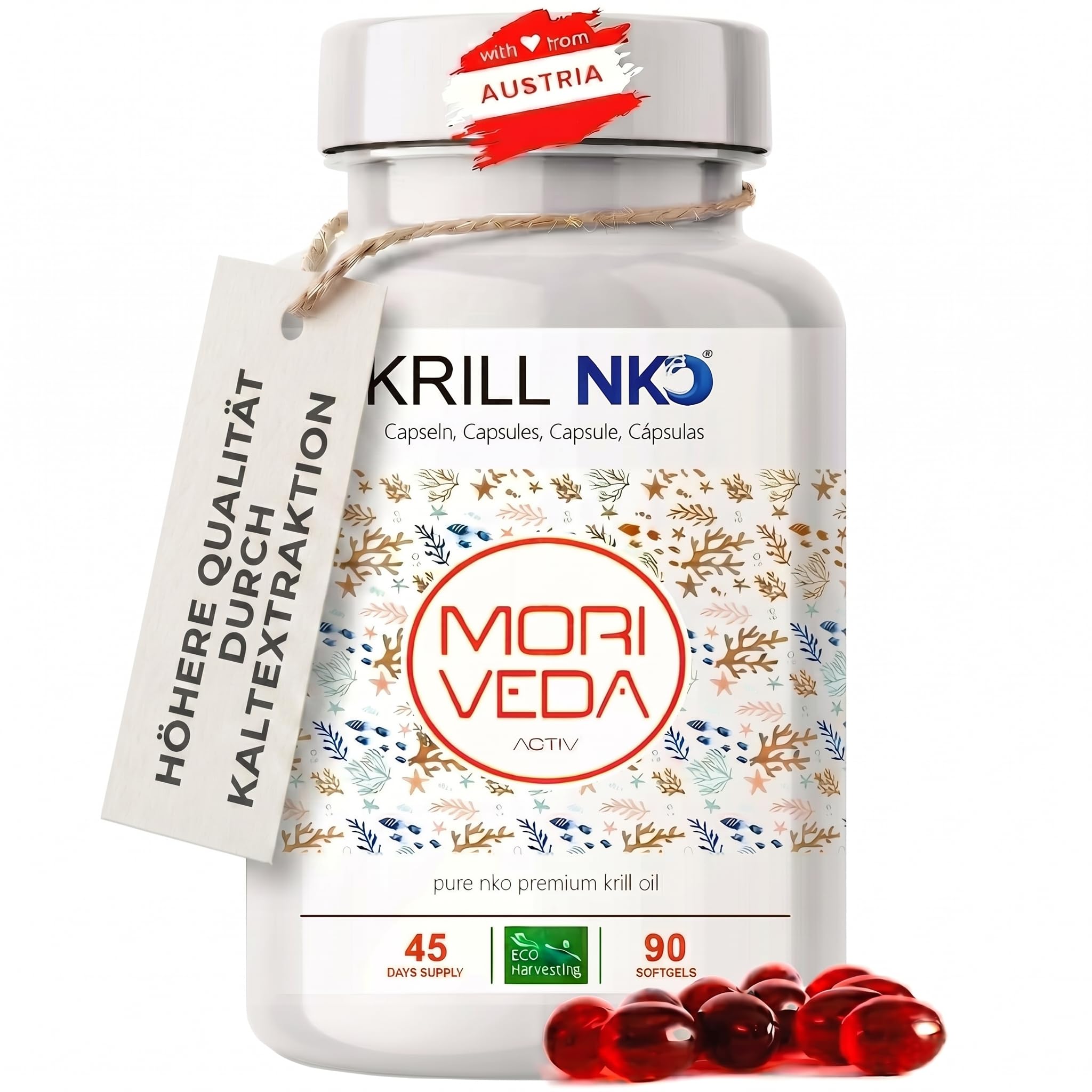 MoriVeda NKO® Antarktische Krillöl Kapseln 90 Stück mit Vanille – 1000 mg Antarktisches Krillöl/Tagesdosis – EPA DHA Astaxanthin Cholin Phospholipide – MSC-zertifiziert, Aus ECO Harvesting