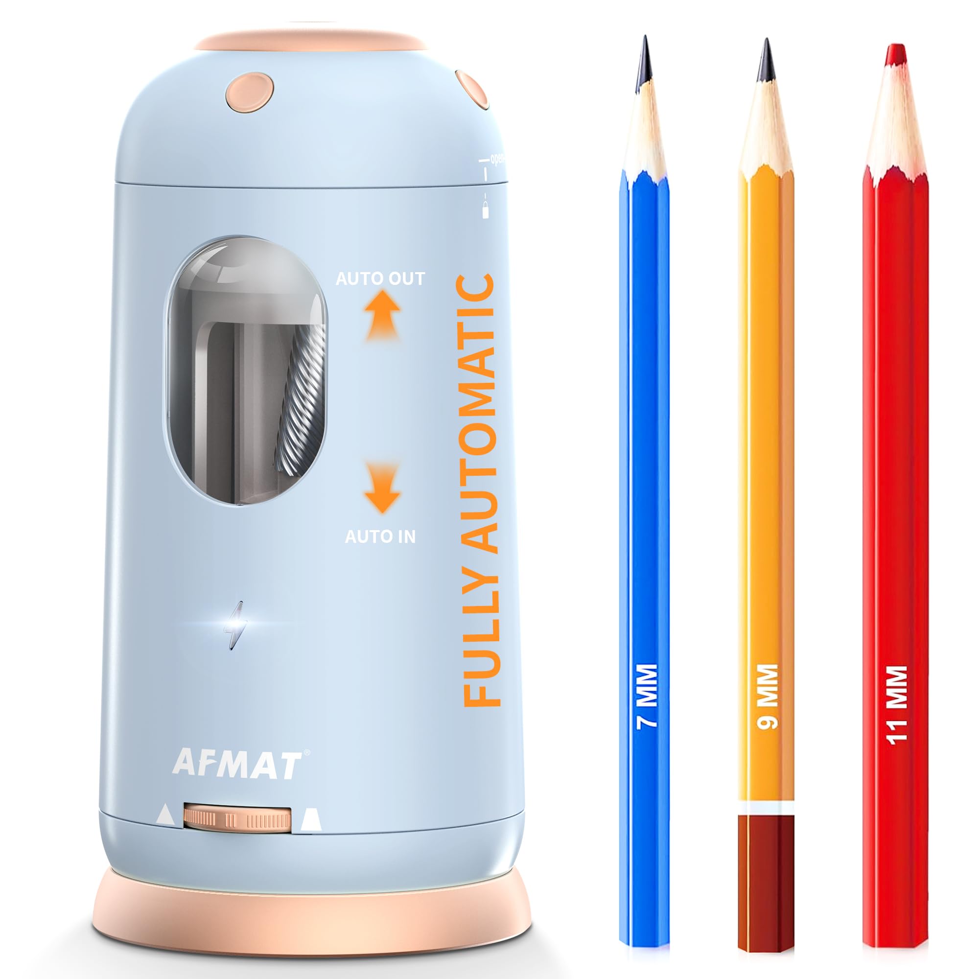 AFMAT Elektrischer Bleistiftspitzer, automatisches Ein- und Ausschalten, vollautomatischer Bleistiftspitzer, wiederaufladbar, freihändiger Spitzer für Jumbo- und Buntstifte (7–11,5 mm), gut für