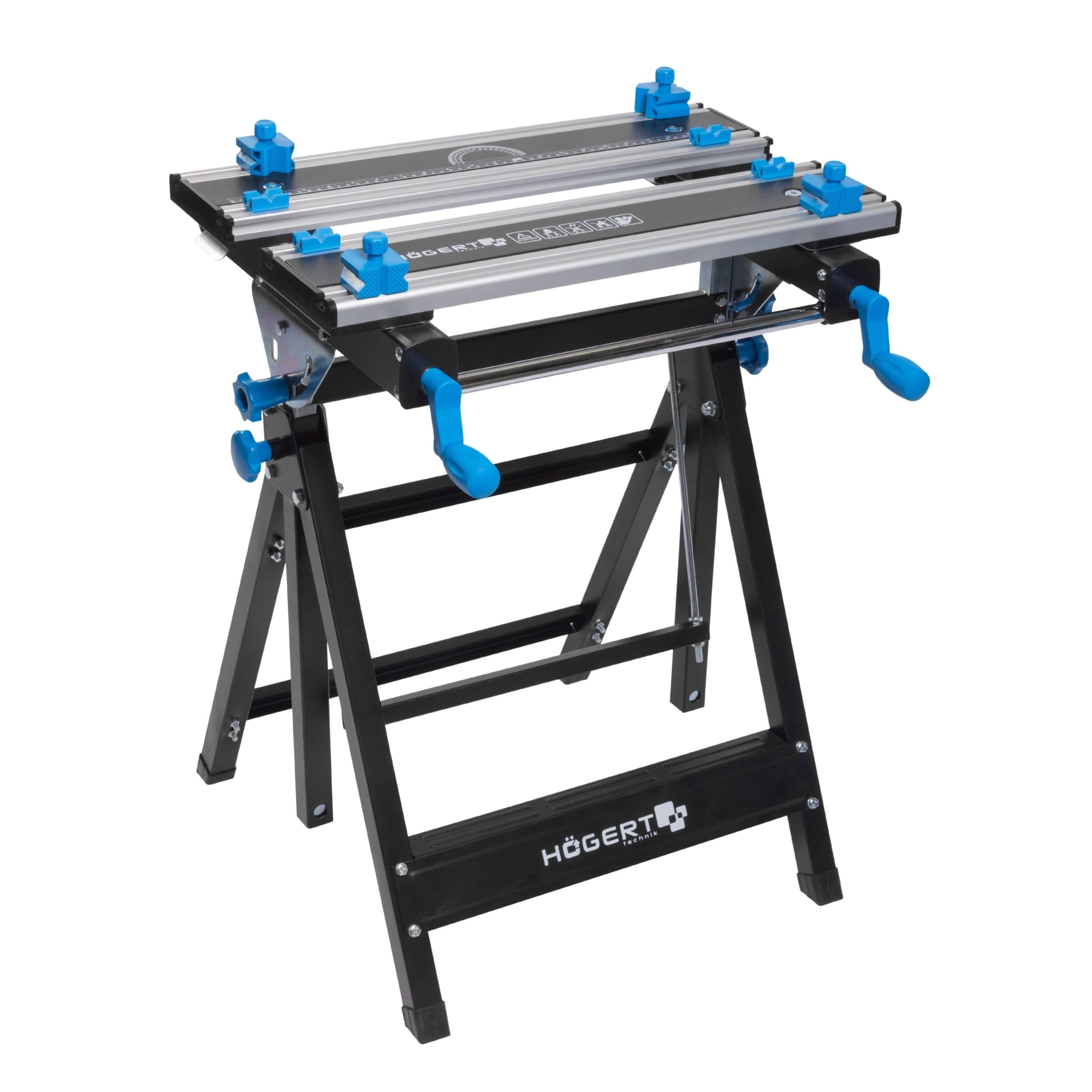 HÖGERT TECHNIK – Klappbarer, höhen- und neigungsverstellbarer Werkstatttisch 600x570x770–1070 mm mit Aluminiumplatte, Spannbacken, Winkelverstellung und Maßskala