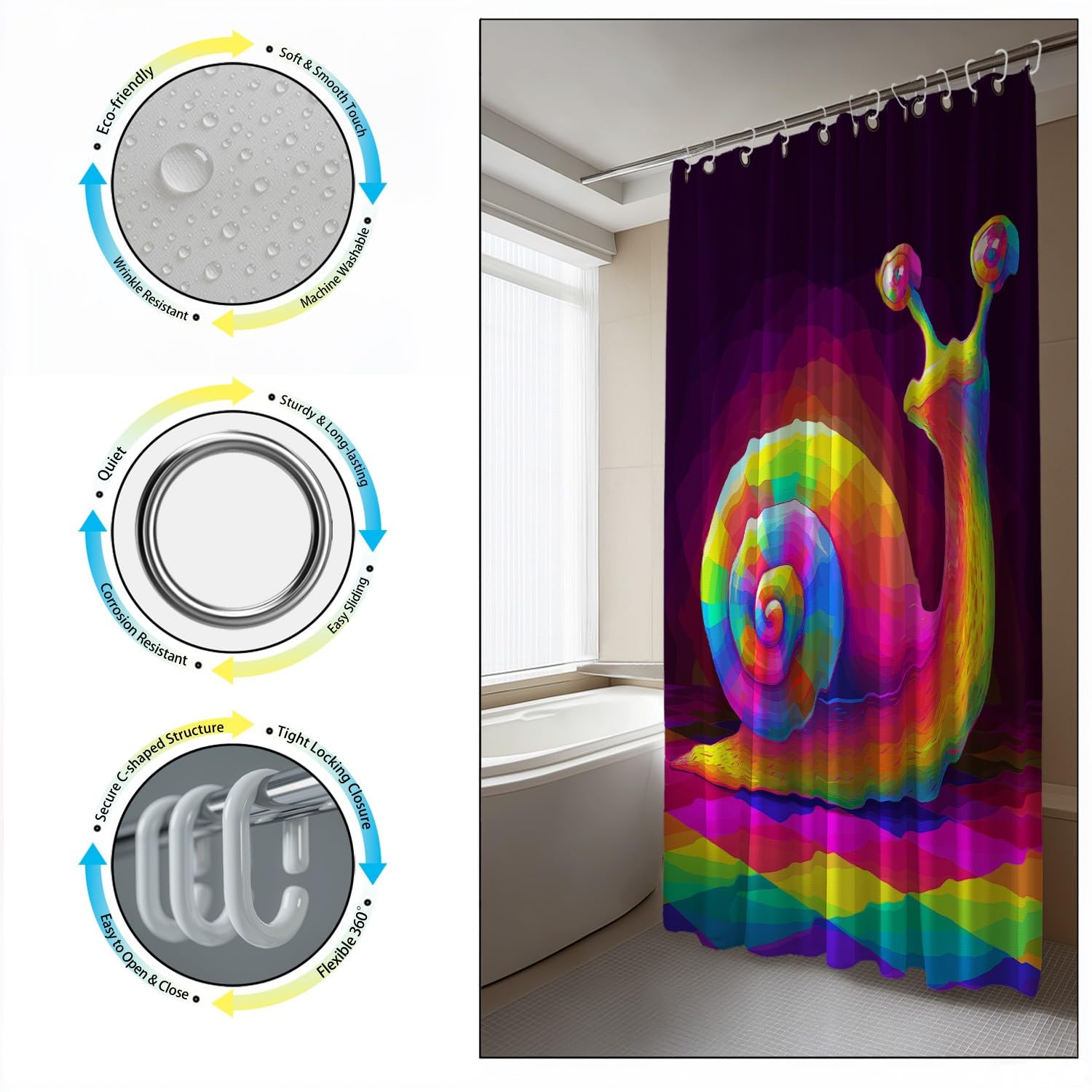Generico Fantasia Tenda Da Doccia Vivace Carino Lumaca Multicolore, Tenda Da Doccia Per Bagno, Vasca Da Bagno, Tenda In Poliestere Impermeabile Con Ganci In Plastica, 180 x 200 cm