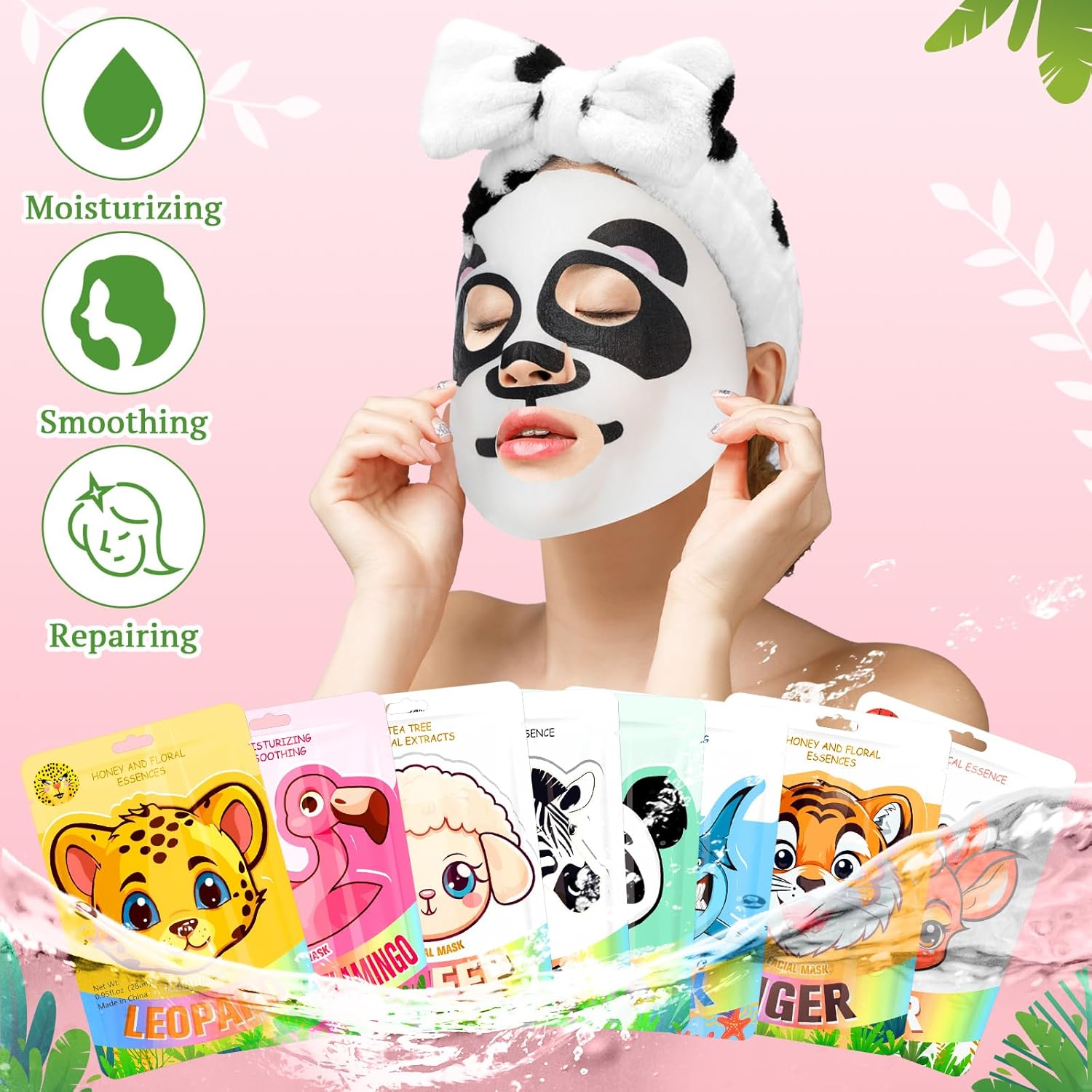32 Pcs Animal Face Masks Skincare for Girls Women with Bow Makeup Headband Animal Character Spa Sheet Facial Mask for All Skin Types Girls Night Birthday Party Gifts