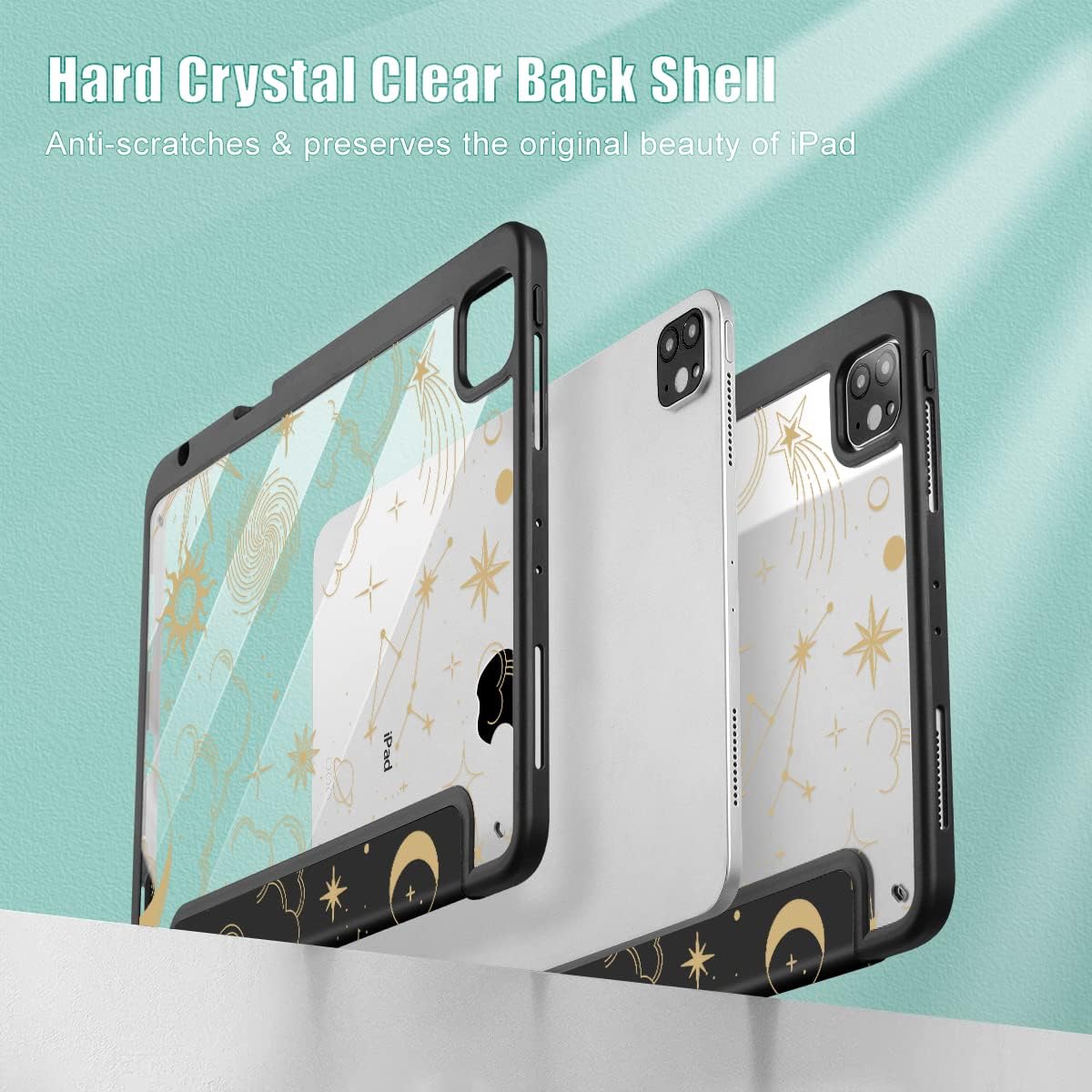 Tuiklol for iPad Pro 11 Inch 4th / 3rd / 2nd / 1st Gen (2022 2021 2020 2018) Case -Built-in Pencil Holder Shockproof Cover Clear Transparent Back Shell with Auto Wake/Sleep, Moon and Star