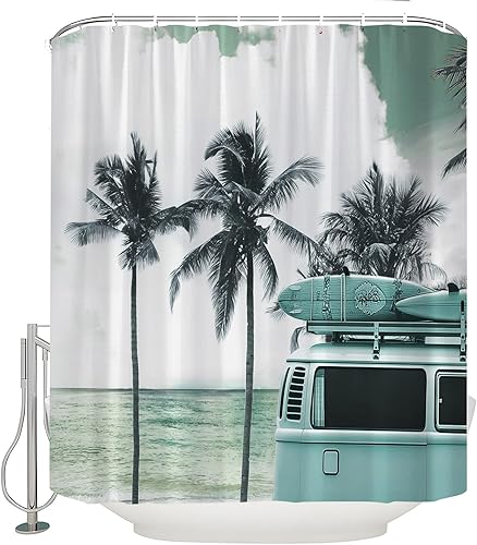 Miniatura 2 de Cortina de ducha con diseño retro de autobús, tabla de surf, verano, caravana, Hawaii, costera, vacaciones, playa, surf, palmera tropical,