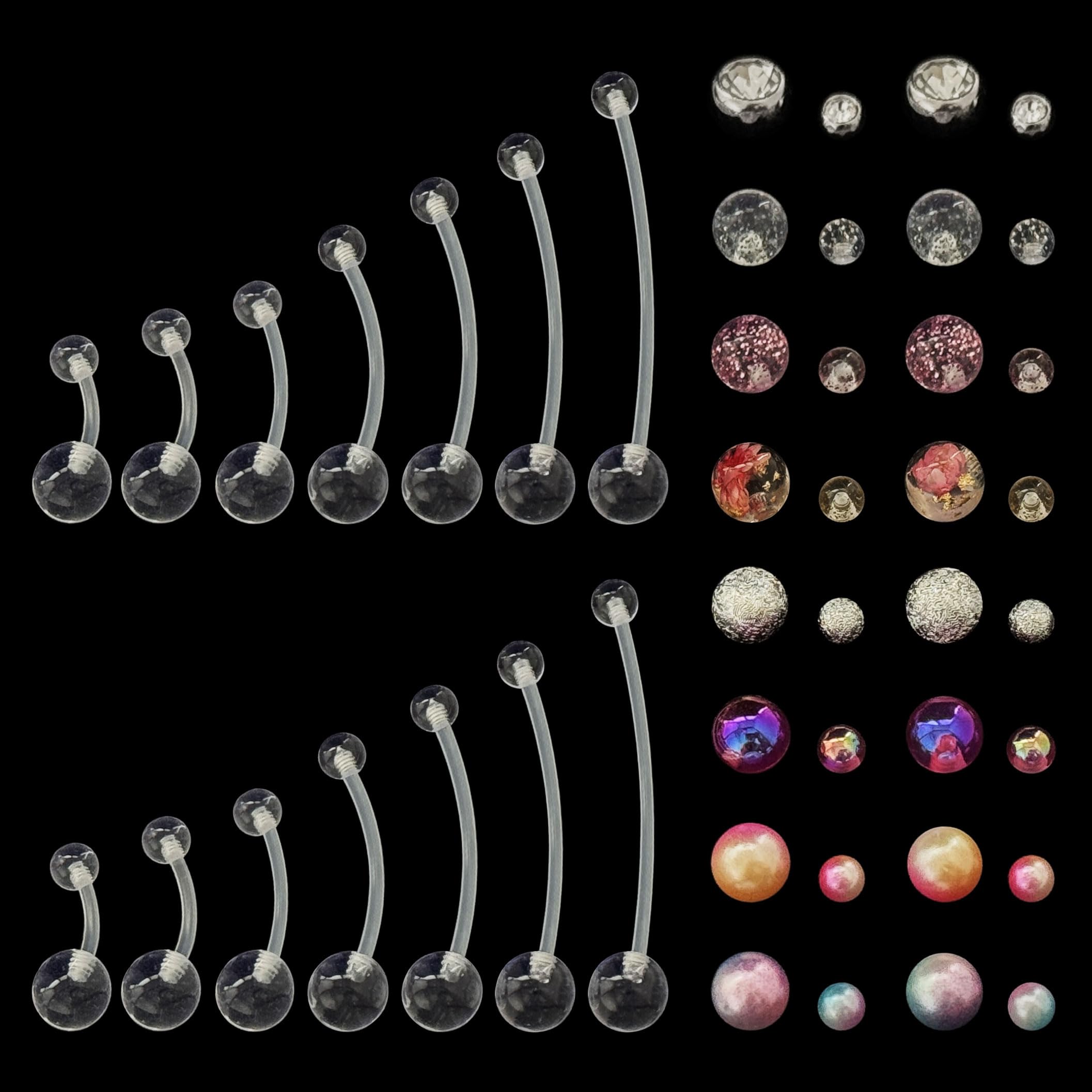 Piercing Nombril Grossesse Bioflex Plastique 14G | Barres flexibles avec différentes longueurs adaptées aux étapes de la maternité, avec boules de remplacement