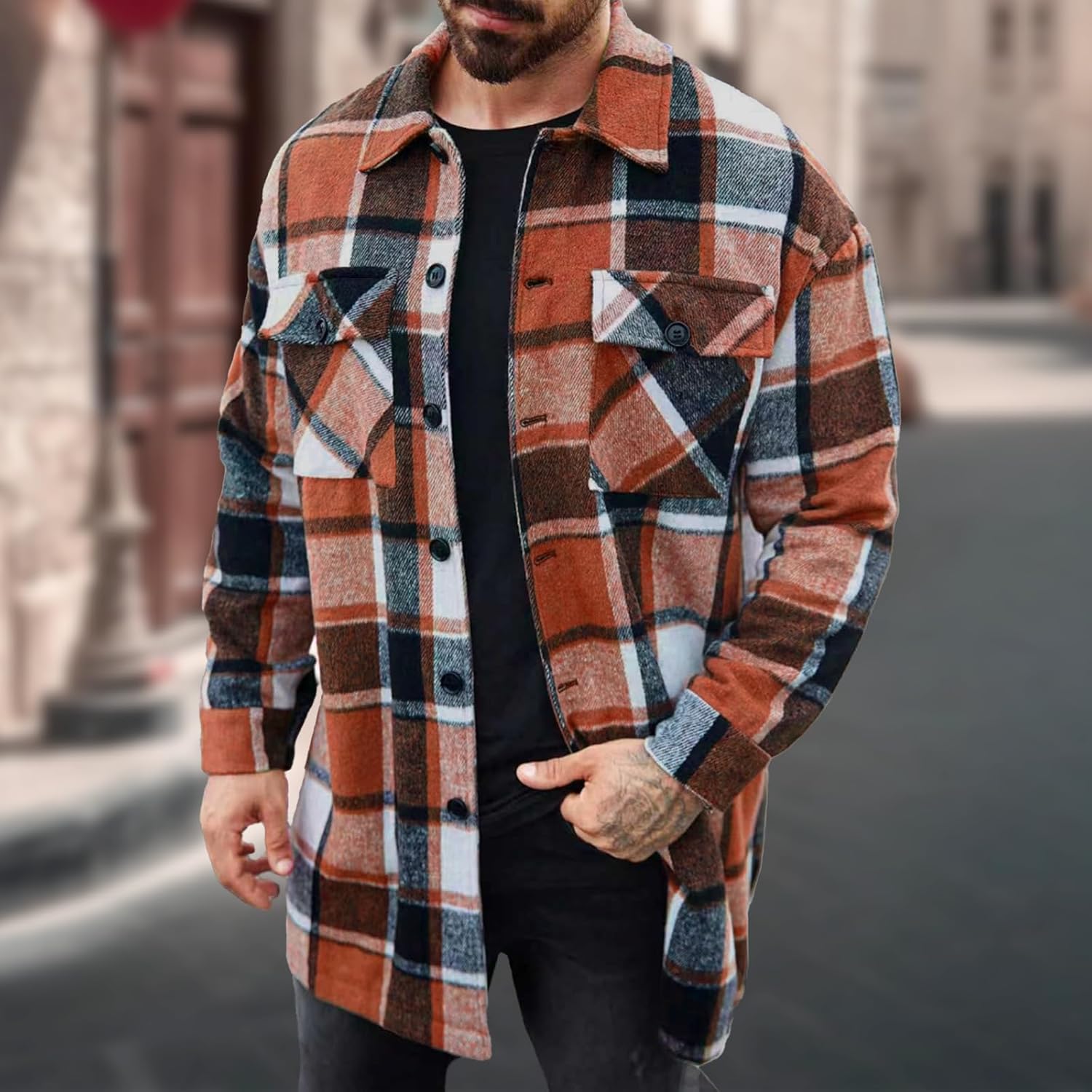 Plaid Mens Jacket Big and Tall Button-Front Fleece with Double Pocket Warm Comfy Fa... - Image 2