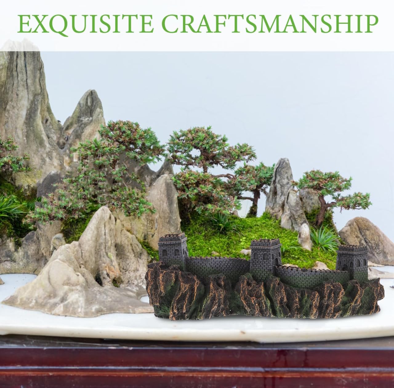 BESTonZON Great Wall of China Model Aquarium Decor 8.85 Inch Miniature Chinese Bridge Sculpture for Fish Tank Landscape Ornaments Home Office Shelf Decoration