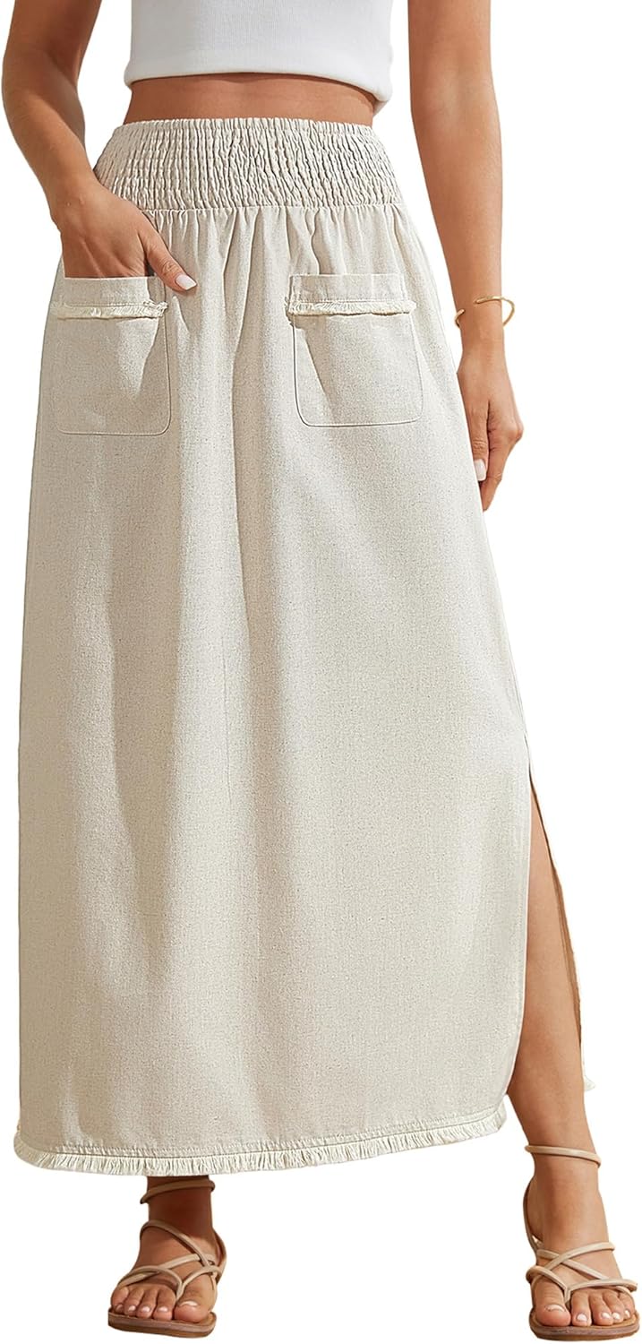 Bsubseach Maxi Skirts for Women Spring 2026 Linen Skirt with Side Slit Elastic Waist Long Ankle-Length Skirts with Pockets