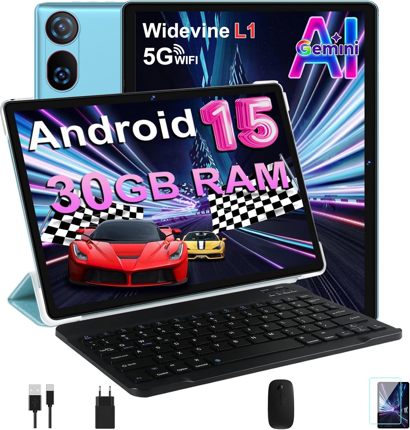 DMOAO Tablet 10 Pollici Android 15 con 30 GB RAM + 2TB ROM Espansione, FHD Tablet con Tastiera e Mouse, 5G Wi-Fi, GPS, Widevine L1, Octa-Core, USB-C, BT 5.0, 6000 mAh, 8MP+5MP, Gemini AI, Blu