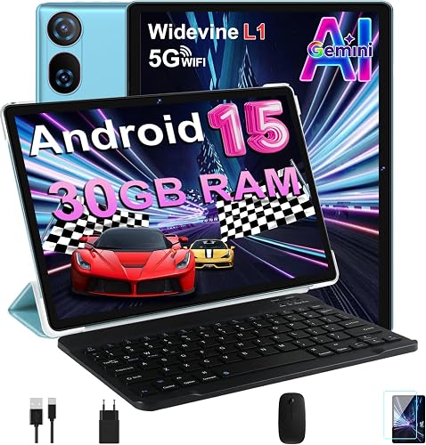 DMOAO Tablet 10 Pulgadas Android 15 con Gemini AI, 30 GB RAM + 2 TB ROM Expansión, 5G WiFi, GPS, Widevine L1, Octa-Core, BT 5.0, 6000mAh, USB-C, FHD Tablet con Teclado+ Ratón + Funda, Azul