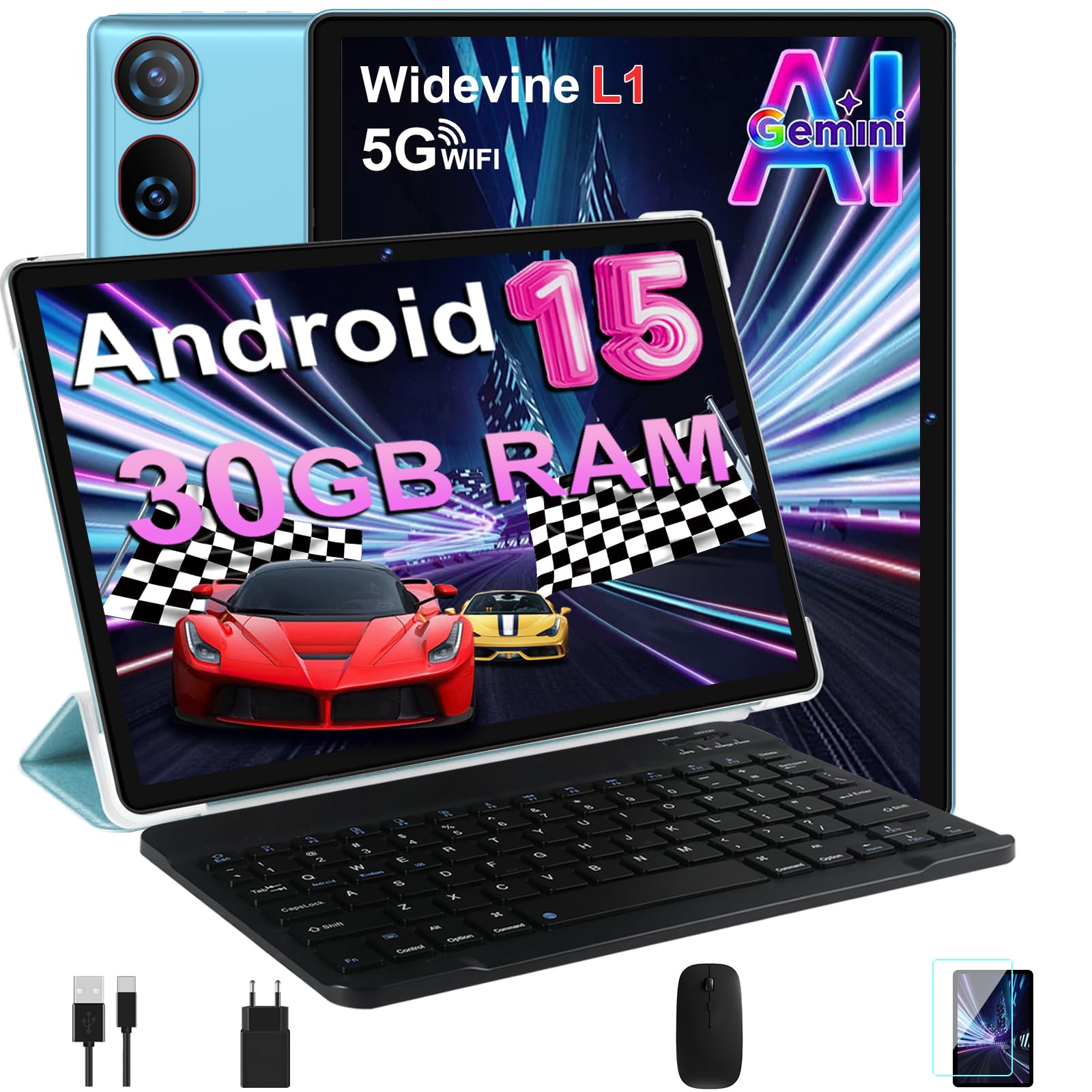 DMOAO Tablet 10 Zoll Android 15 mit Tastatur, Gemini AI, 30GB RAM + 64GB ROM (2TB Erweiterung), 5G WLAN, Widevine L1, Octa-Core, GPS, Face ID, FHD IPS, 6000mAh, USB, Blau