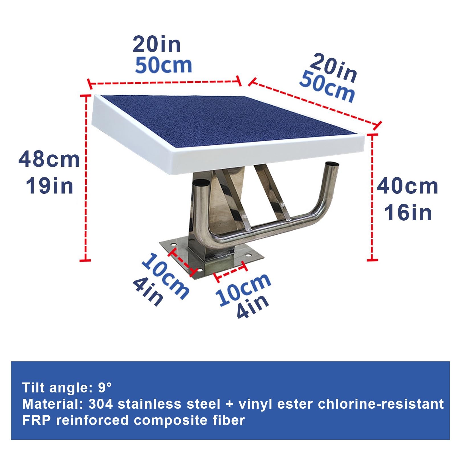 Piattaforma per immersioni in piscina con base in acciaio inox, superficie inclinata antiscivolo, angolo di 9°, capacità 300 kg per piscina attuale e competizione