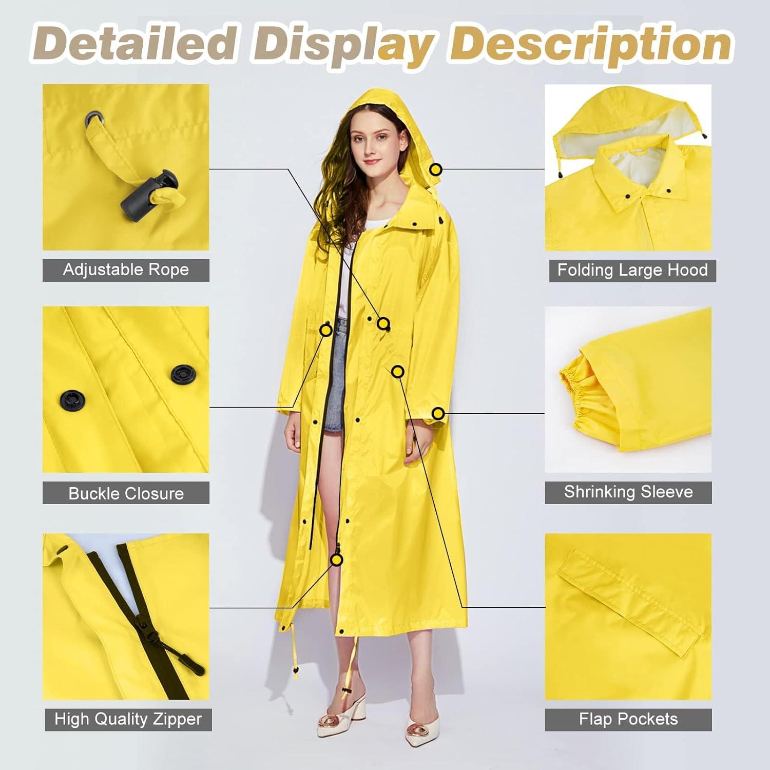 LAMA Womens Long Raincoats Rain Jacket Waterproof Packable Hooded Windbreaker Lightweight Adjustable Waist for Outdoor - Image 4