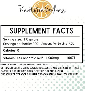 Vitamin C Capsules | Pure, Corn, GMO-Free | 1000 mg Vitamin C Per Capsule | 200 Capsules
