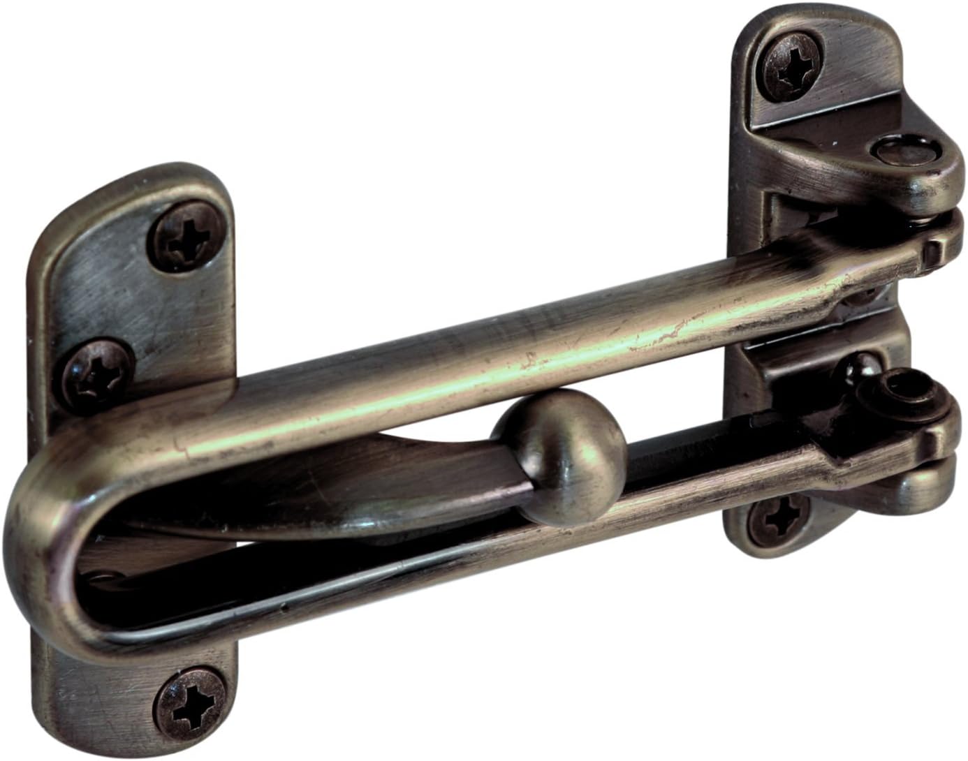 Prime-LineU 9899 Swing Bar Lock for Hinged Swing-in Doors – Secondary Security Lock for Door & Security, 3-7/8” Bar Length, Diecast Zinc Construction w/Antique Brass Finish (Single Pack)