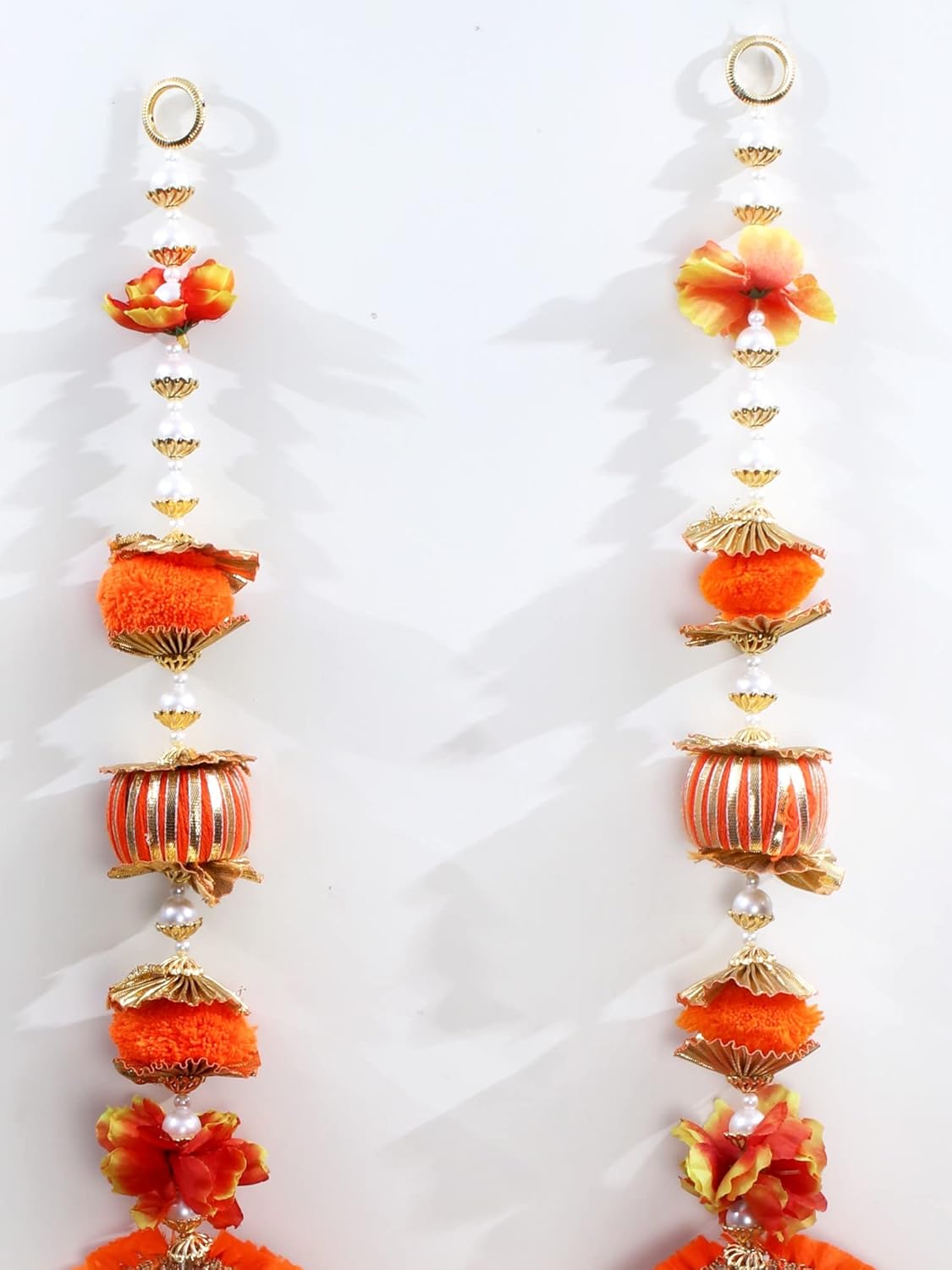 Exotic India Saffron Floral Door Decor Toran With Tassels And Beads Set Of 2 - Jute