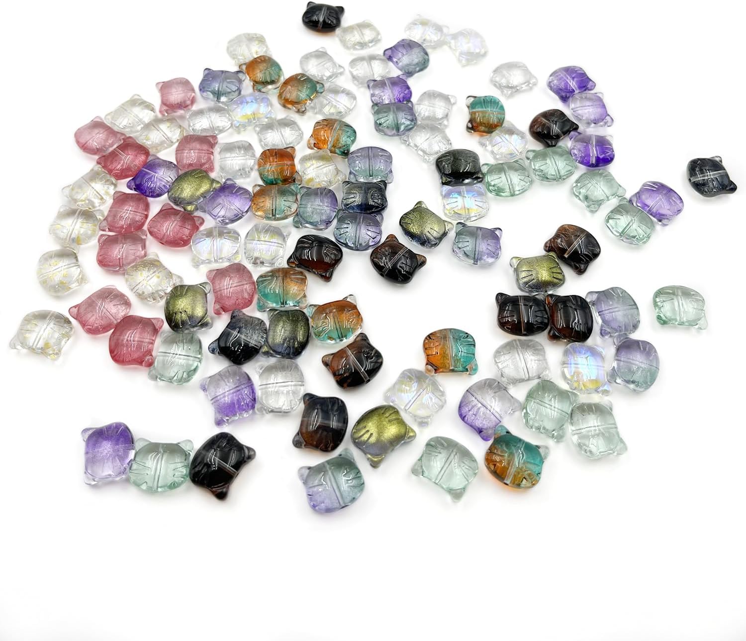 100Pcs Glass Cat Beads Mix Color Transparent Kitten Head Loose Spacer Beads for Jewelry Making DIY Bracelets Crafts Supplies