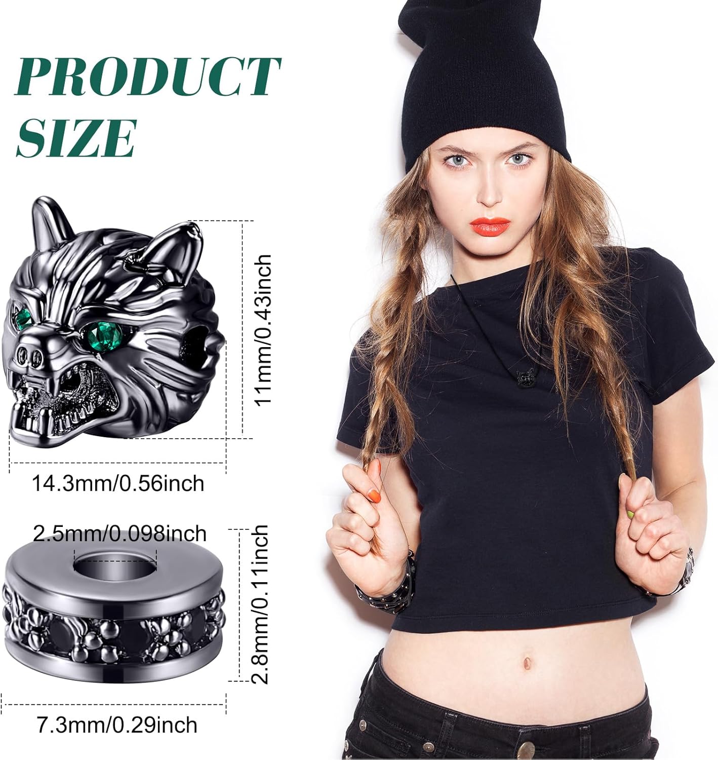 Hicarer 24 Pieces Wolf Head Charms Tibetan Animals Pendant Beads Hole Loose Bead Cubic Zirconia Spacer Connector Charm for Men Bracelet DIY Making Halloween (Black, Wolf Head) - Image 2